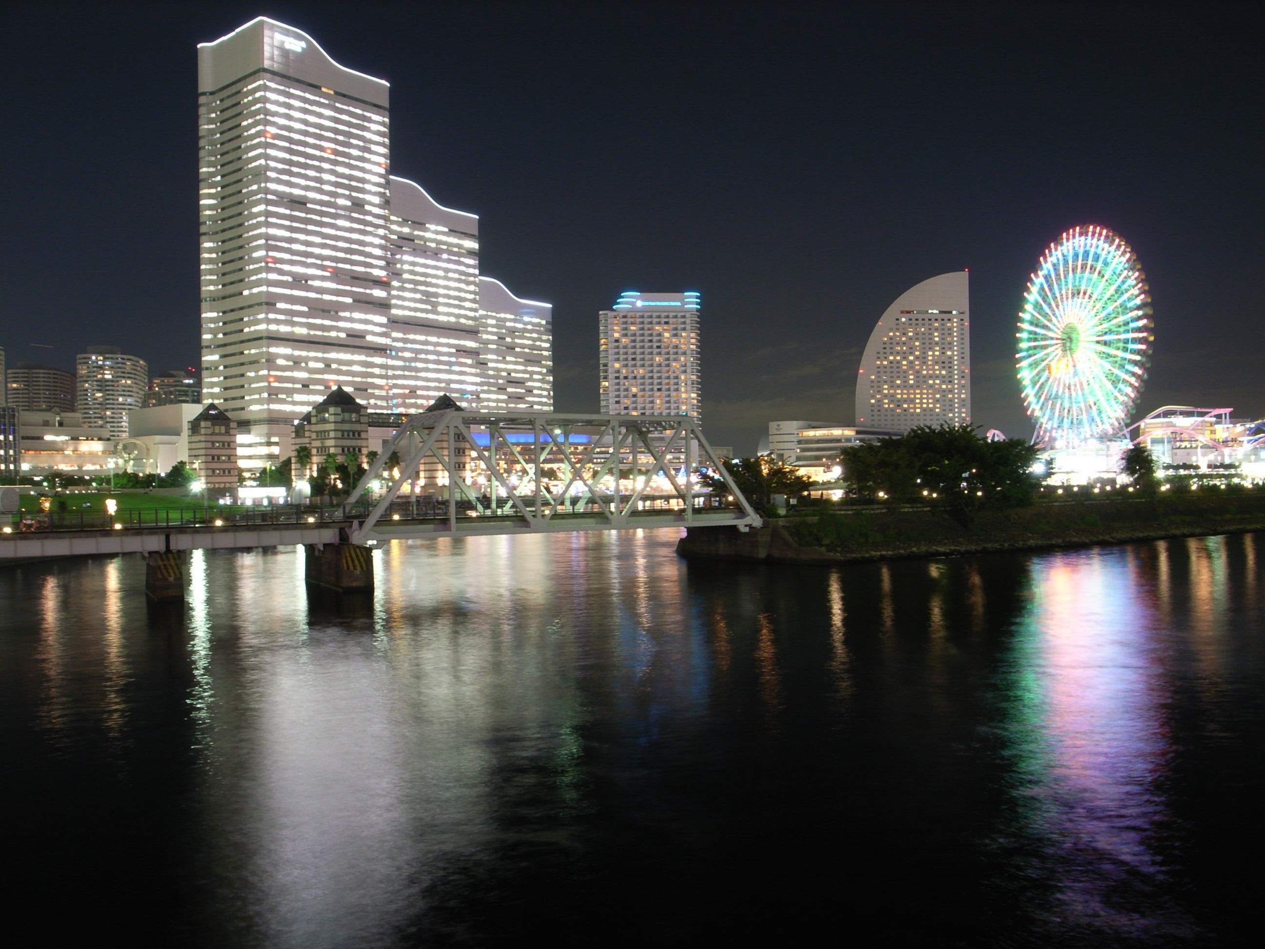 buildings, architecture, illuminated, night time, urban Skyline, reflection, building Exterior, beige, skyscraper, kanagawa, time, city, sea, modern, urban Scene, HD Wallpaper