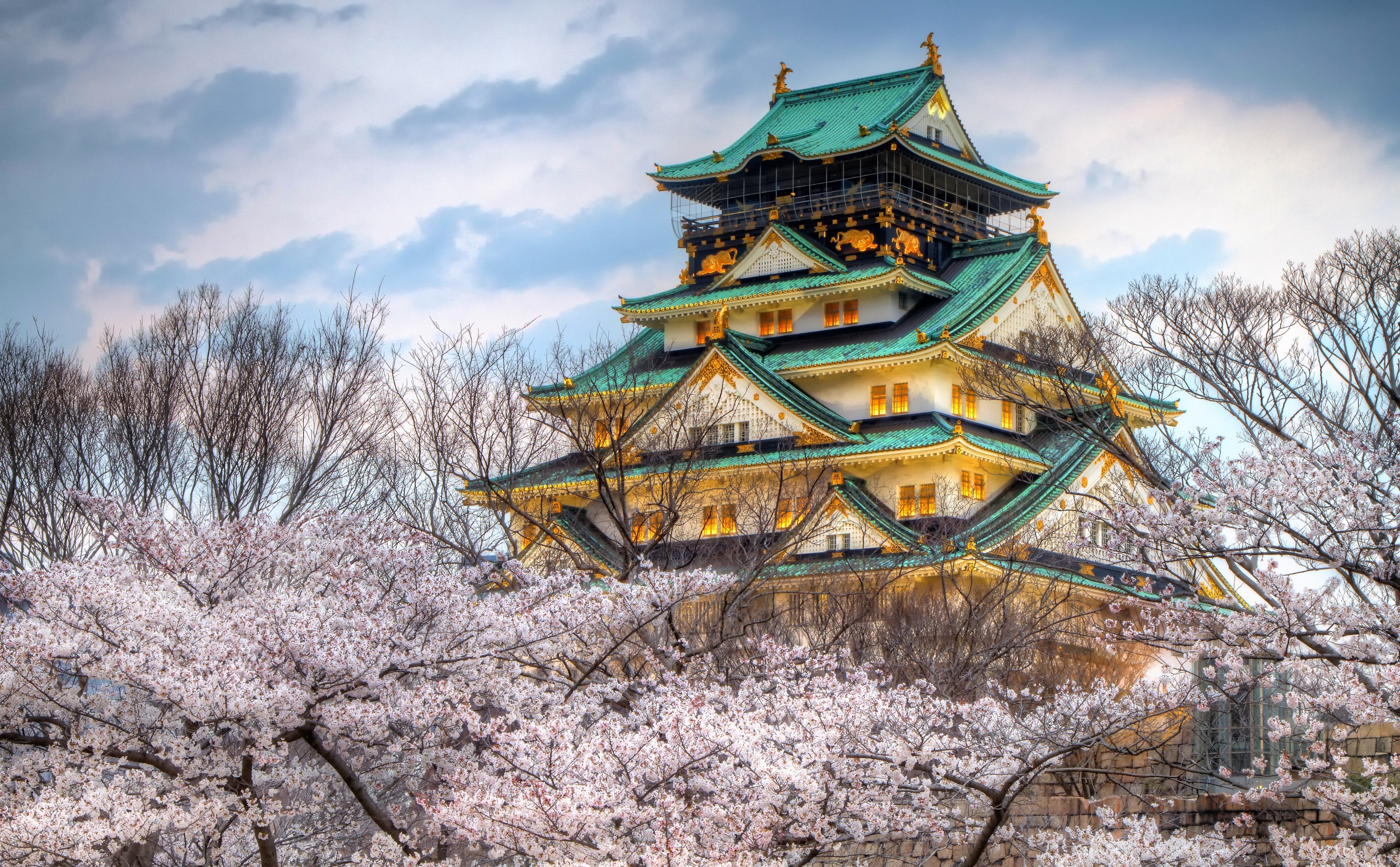 storey, Flowers, green, architecture, prefecture, sakura, Seasons, building exterior, Landscape, Castle, cloud - sky, Kansai, sky, cherry blossom, cherry tree, HD Wallpaper