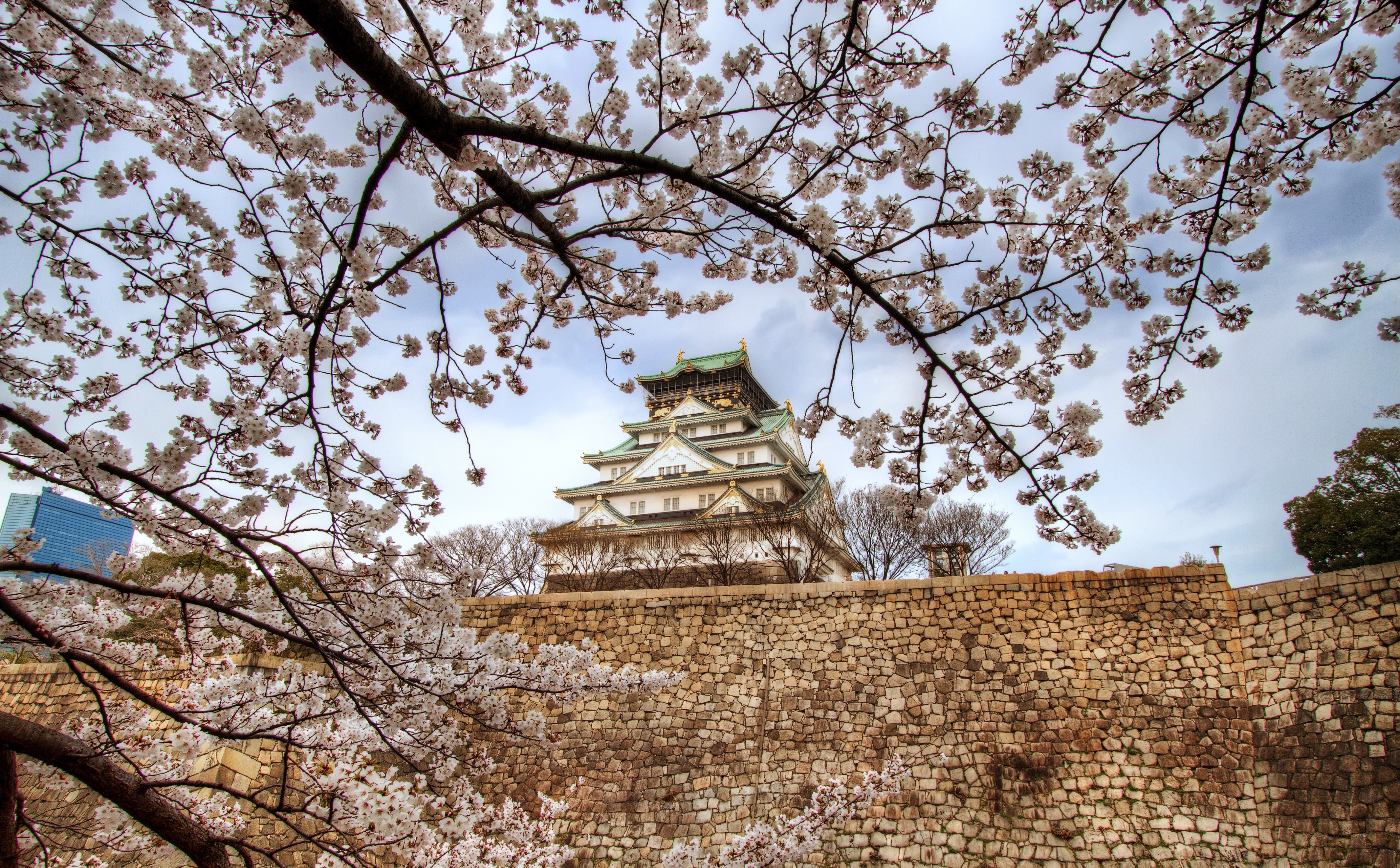 Flowers, belief, 5K, Castle, Osaka, low angle view, human representation, Blue, osakacastle, outdoors, art and craft, nature, building exterior, day, religion, HD Wallpaper