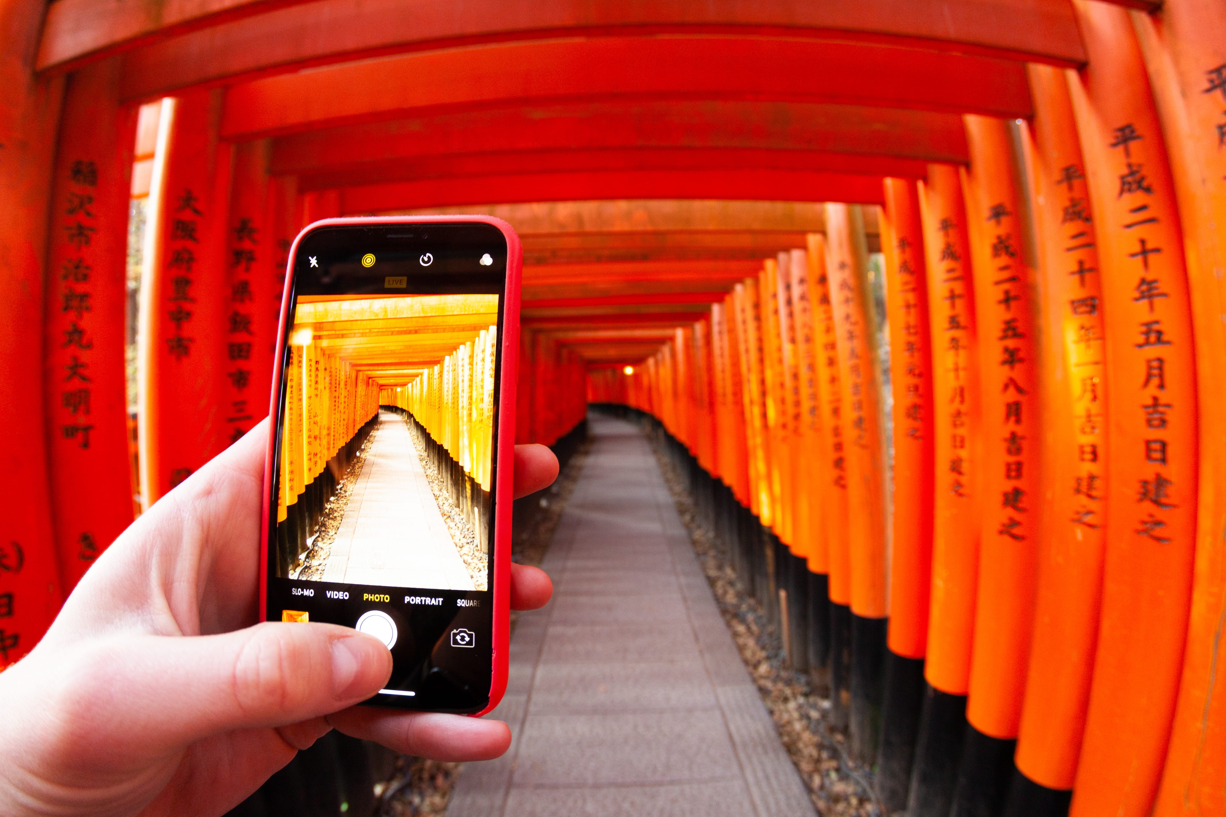 architecture, phone, smart phone, kyoto, connection, communication, human hand, person, indoors, iphone, fushimi inari taisha, mobile phone, shrine, fisheye, HD Wallpaper