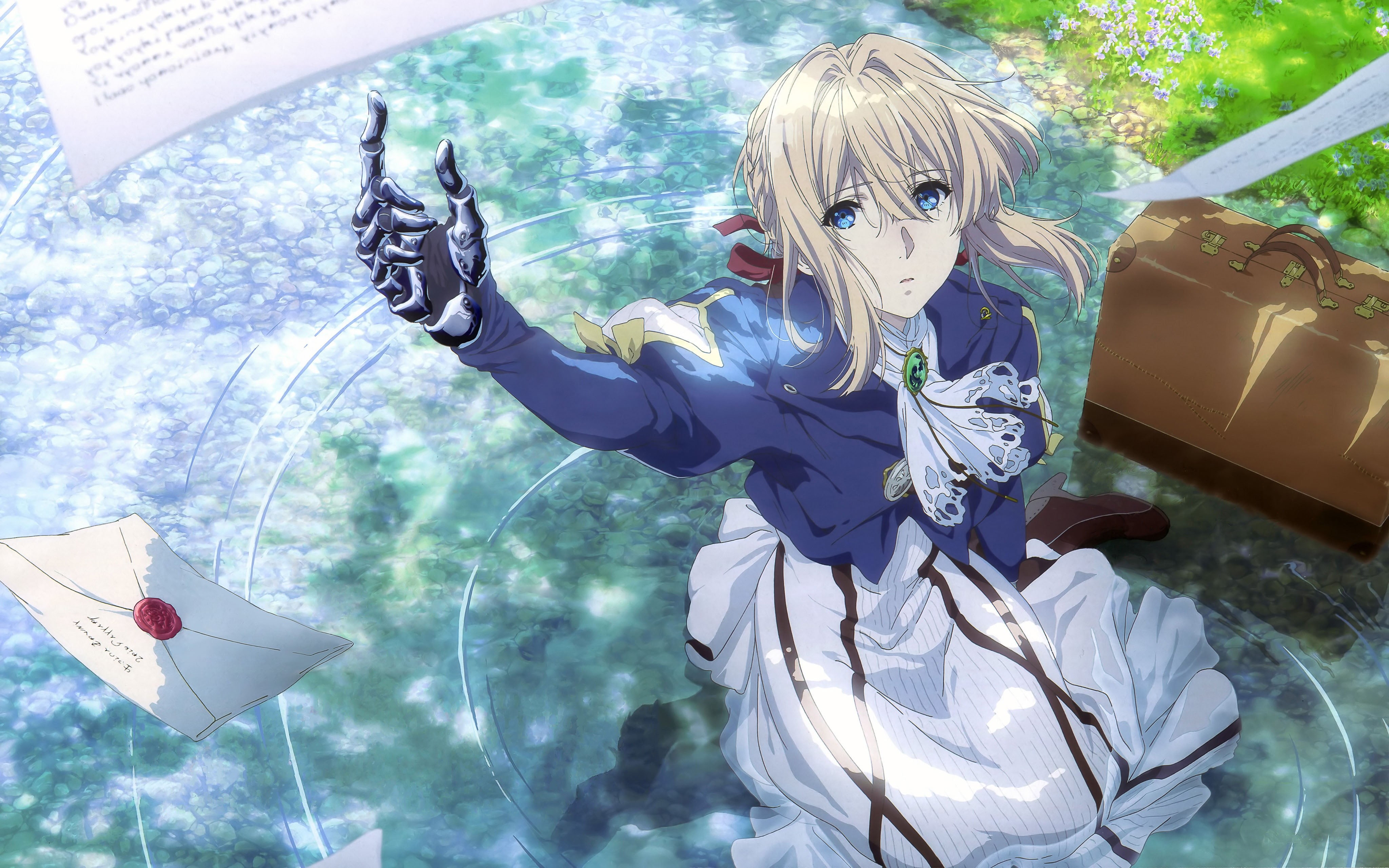 blue eyes, art, Akiko Takase, 4K, violet evergarden, in the water, up, Violet, suitcase, on my knees, letter, gesture, HD Wallpaper