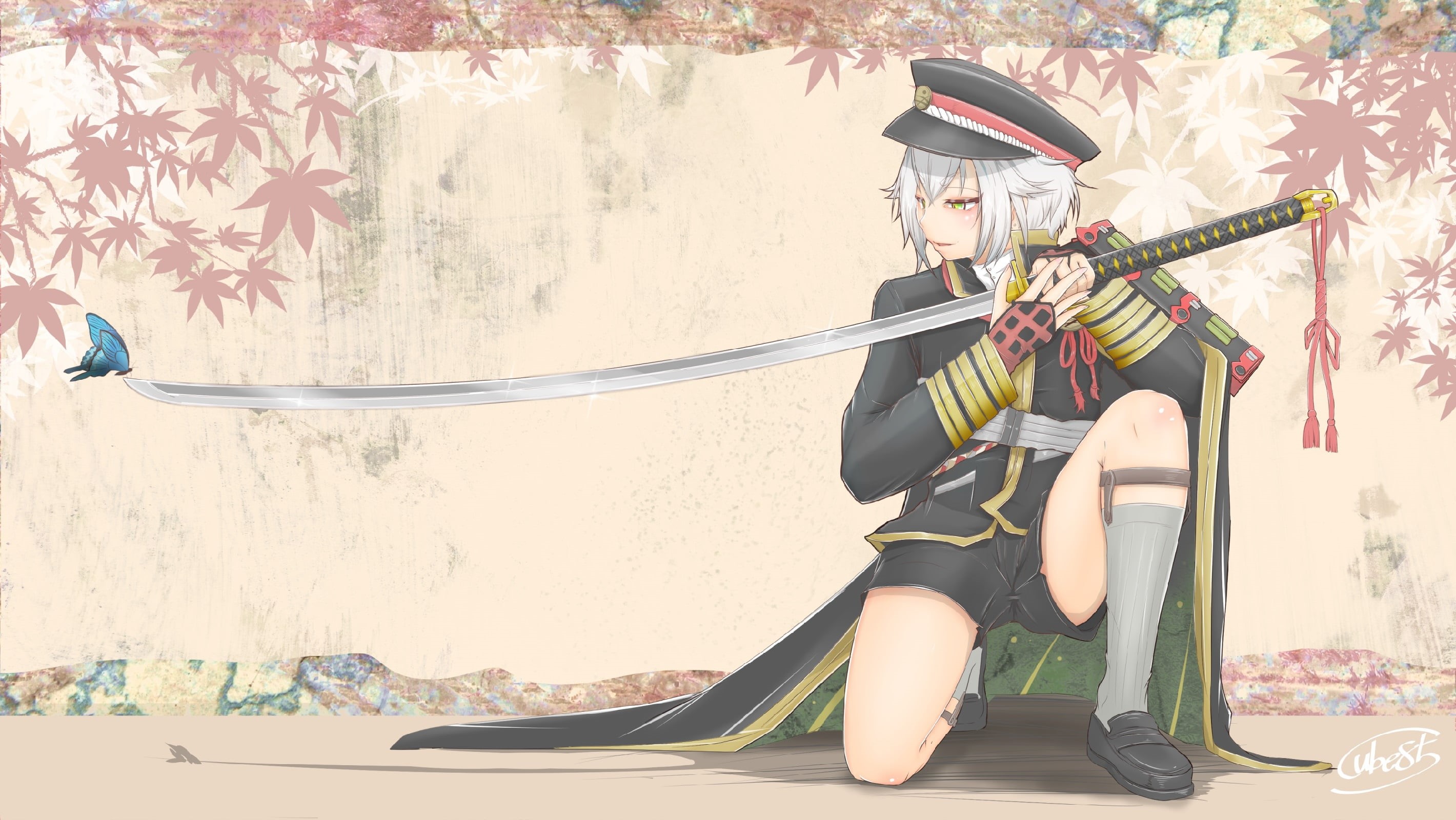 white hair, butterfly, Hotarumaru, military uniform, boy, katana, by Cube85, maple leaves, on my knees, Dance of swords, shorts, Touken Ranbu, 2K, cap, HD Wallpaper