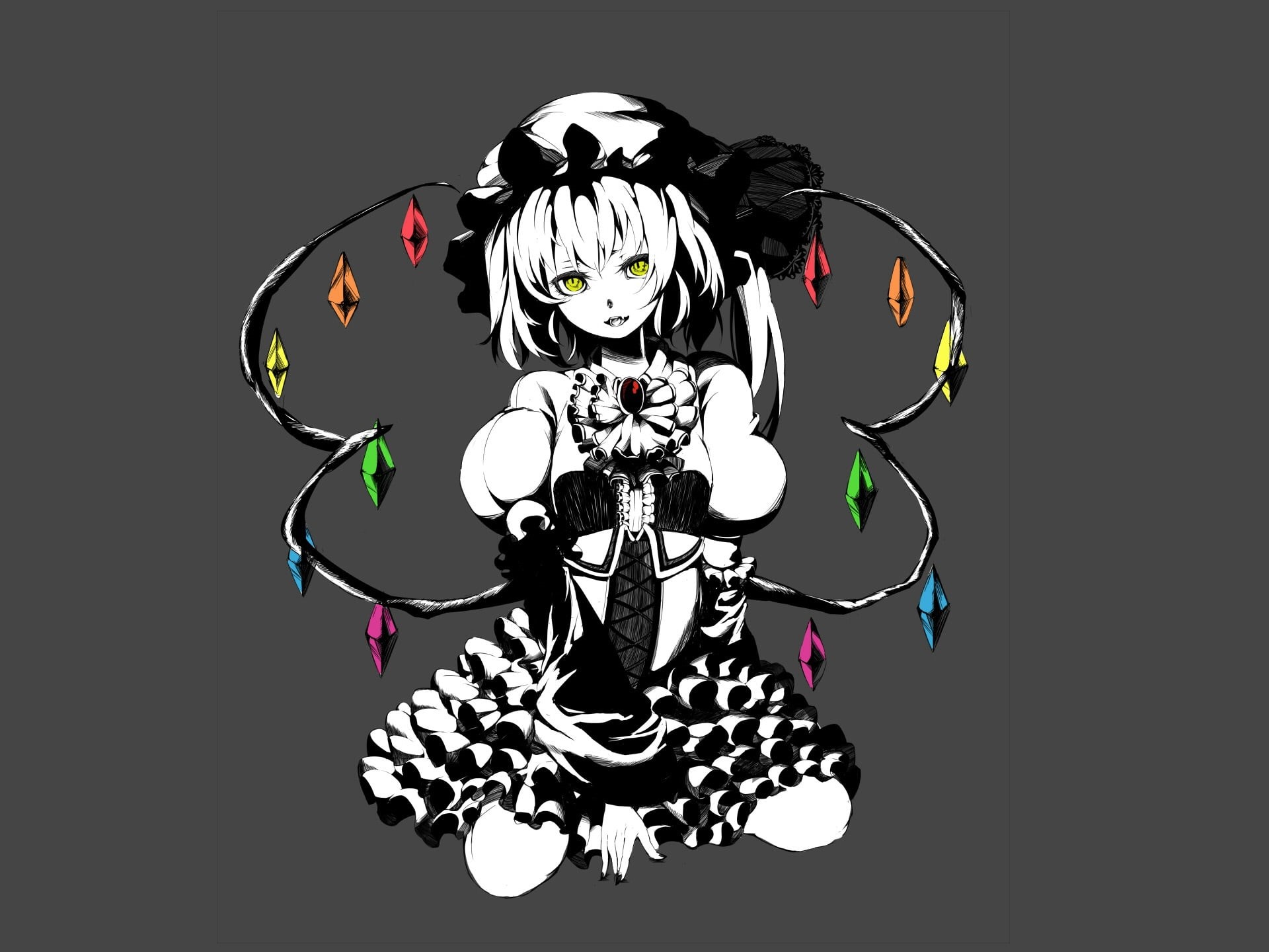 by Hukuhi, vampire, project East, grey background, flandre scarlet, red eyes, 1080P, on my knees, touhou project, HD Wallpaper