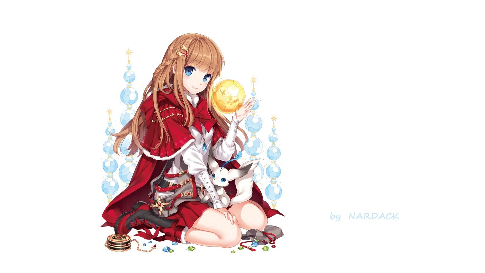 Cape, nardack, art, girl, magic, animal, crystals, on my knees, sorceress, jewelry, white background, blue eyes, 1080P, HD Wallpaper