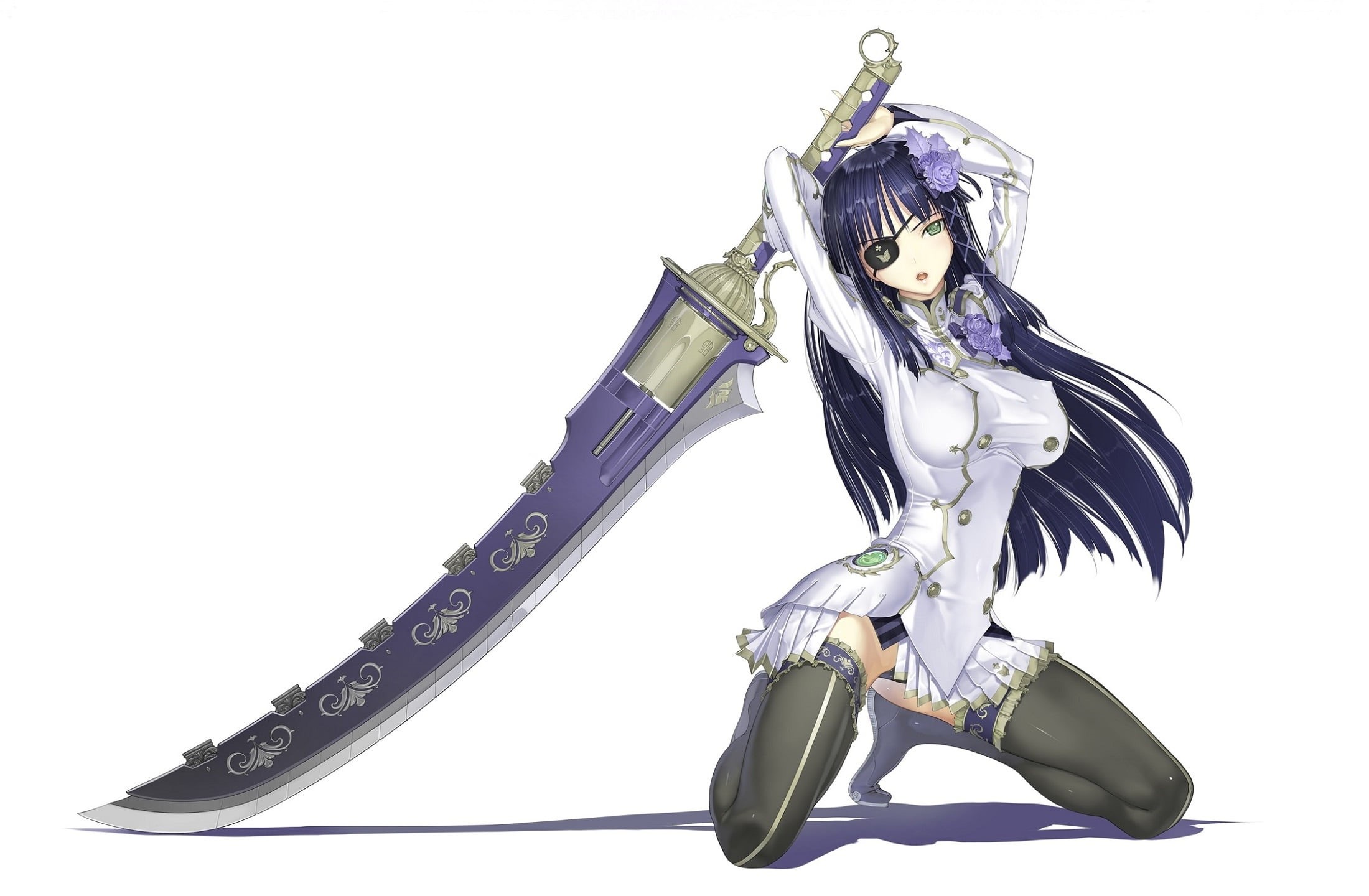 Nakaba Reimei, Phantasy Star Portable 2, eye patch, black stockings, sword, on my knees, white background, super-weapons, art, woman warrior, shadow, long hair, HD Wallpaper
