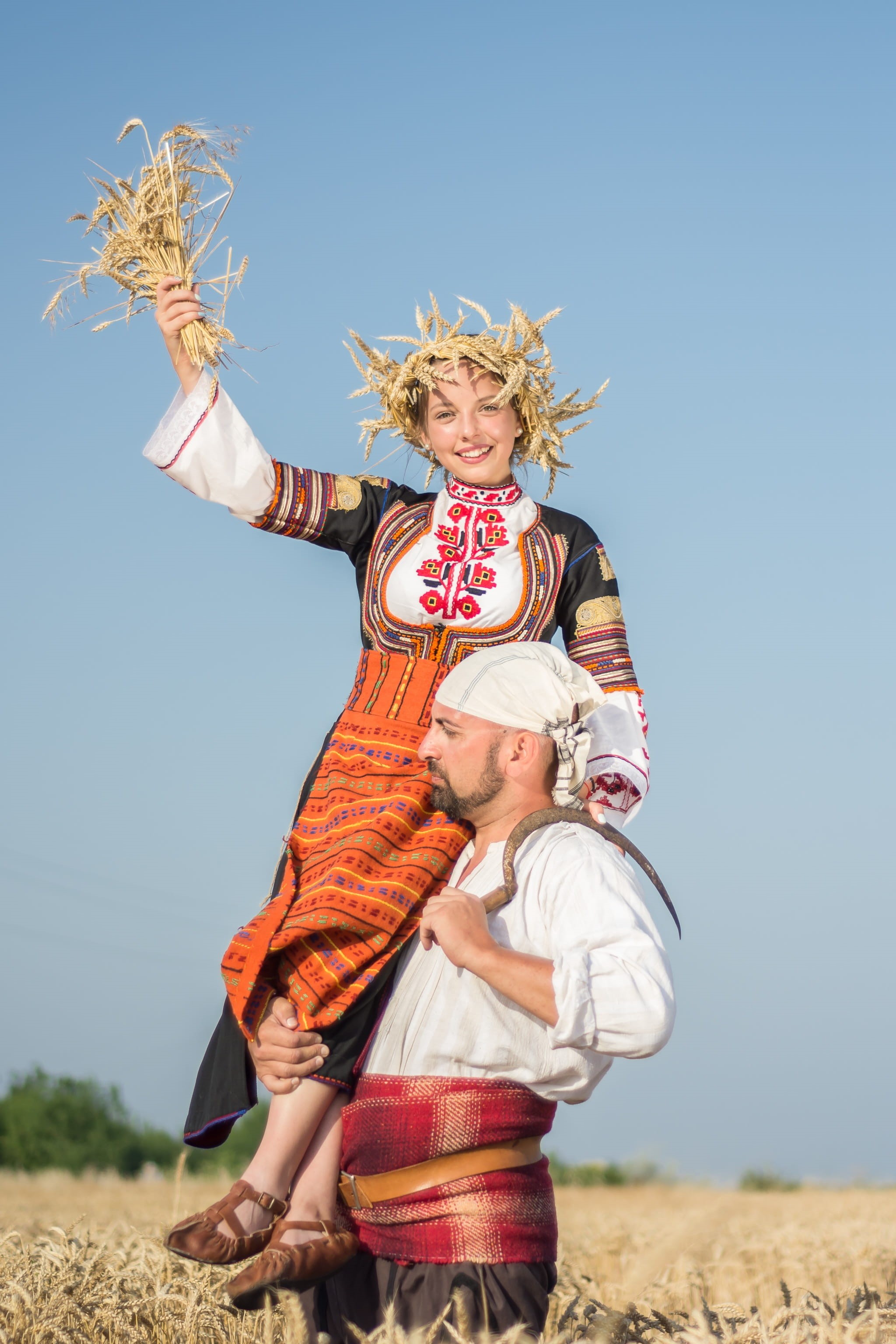 childhood, sky, basket, sheath dress, blond, folk dance, bright, portrait, blossom, outdoors, traditional, real people, hair, round, female, red, holding, Phone HD Wallpaper