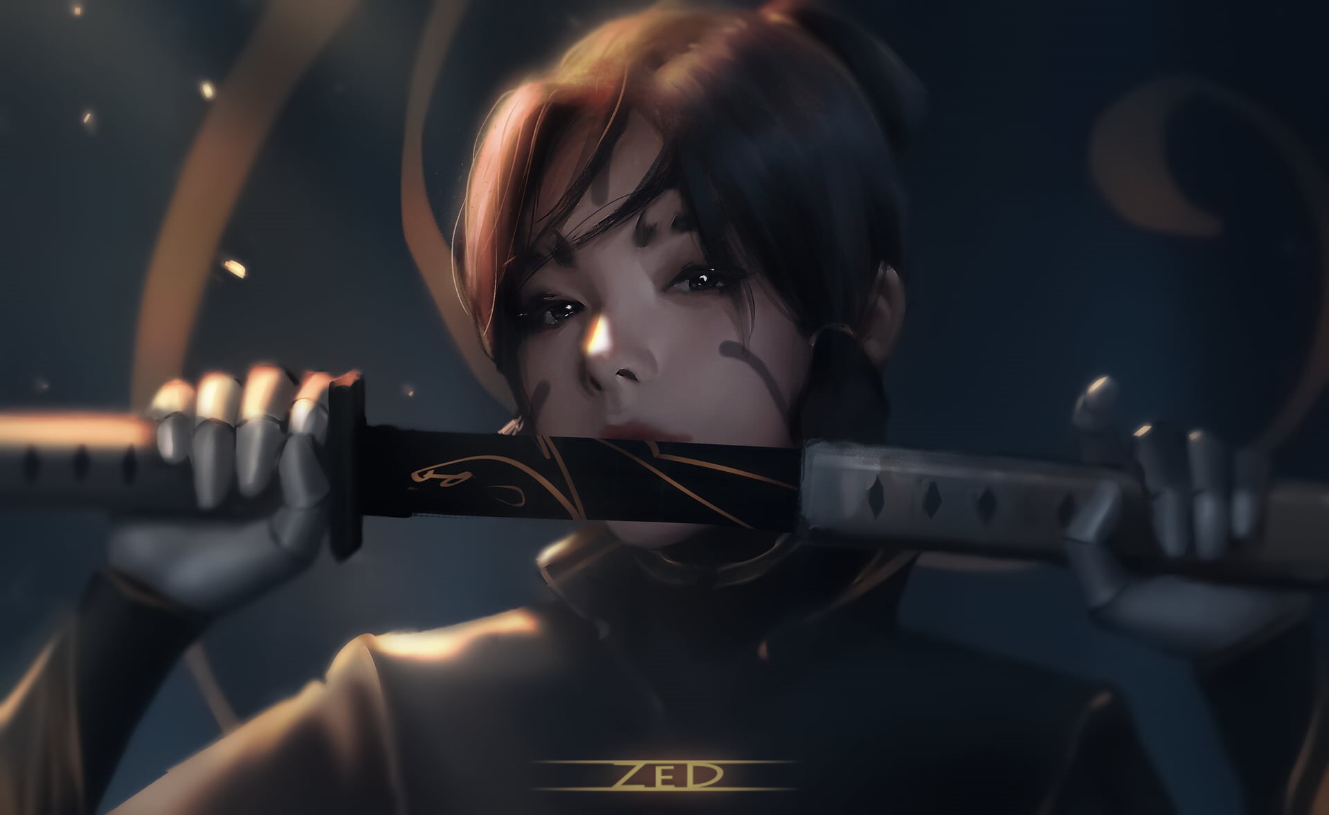 portrait, Trungbui, brunette, weapon, sheath, women, 1080P, dark eyes, drawing, sword, HD Wallpaper