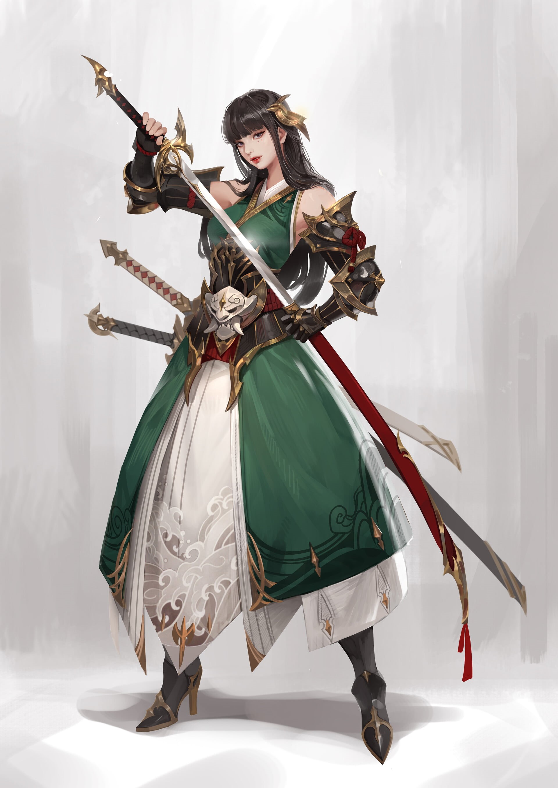 hair accessories, bangs, Junq Jeon, dark hair, shadow, sheath, dress, green clothing, weapon, 2K, women, samurai, katana, drawing, Phone HD Wallpaper