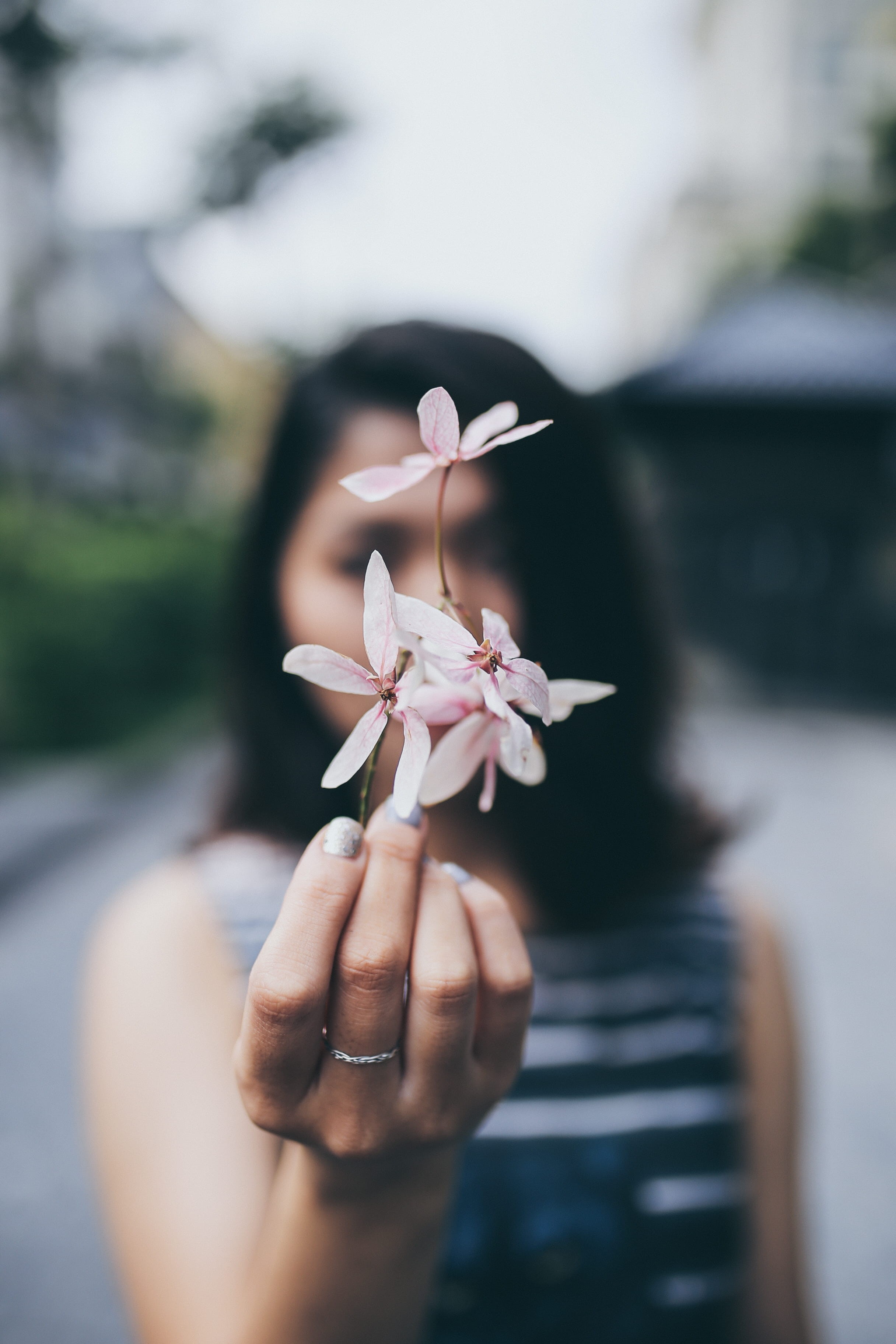 leisure activity, plant, people, petaled, flowering plant, flower head, focus on foreground, day, held, hand, grey, woman, human body part, finger, vulnerability, Phone HD Wallpaper