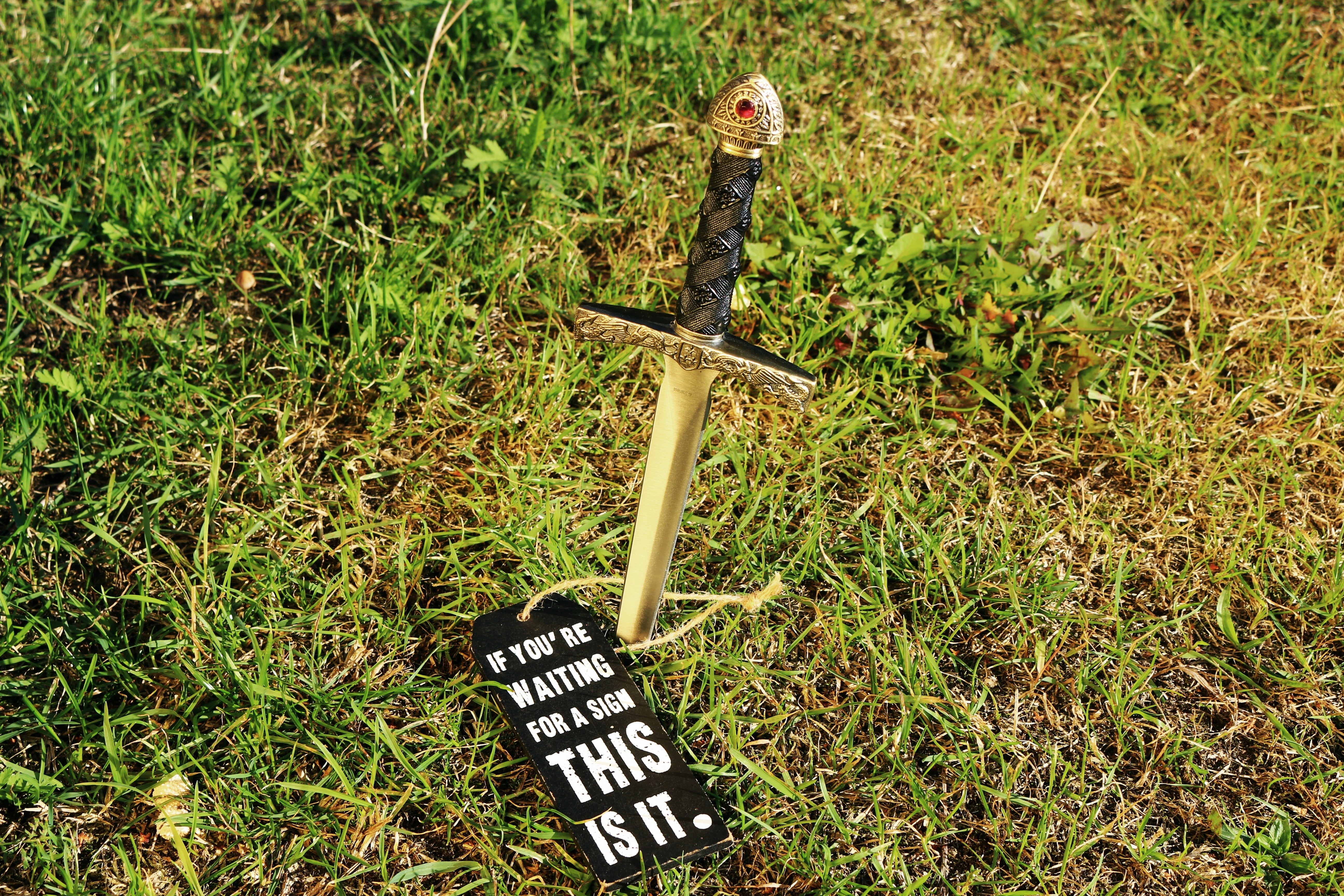 sword, stab, land, full length, 5K, field, text, wooden sign, growth, symbol, weapon, human leg, shoe, metal, green color, real people, knife, nature, HD Wallpaper