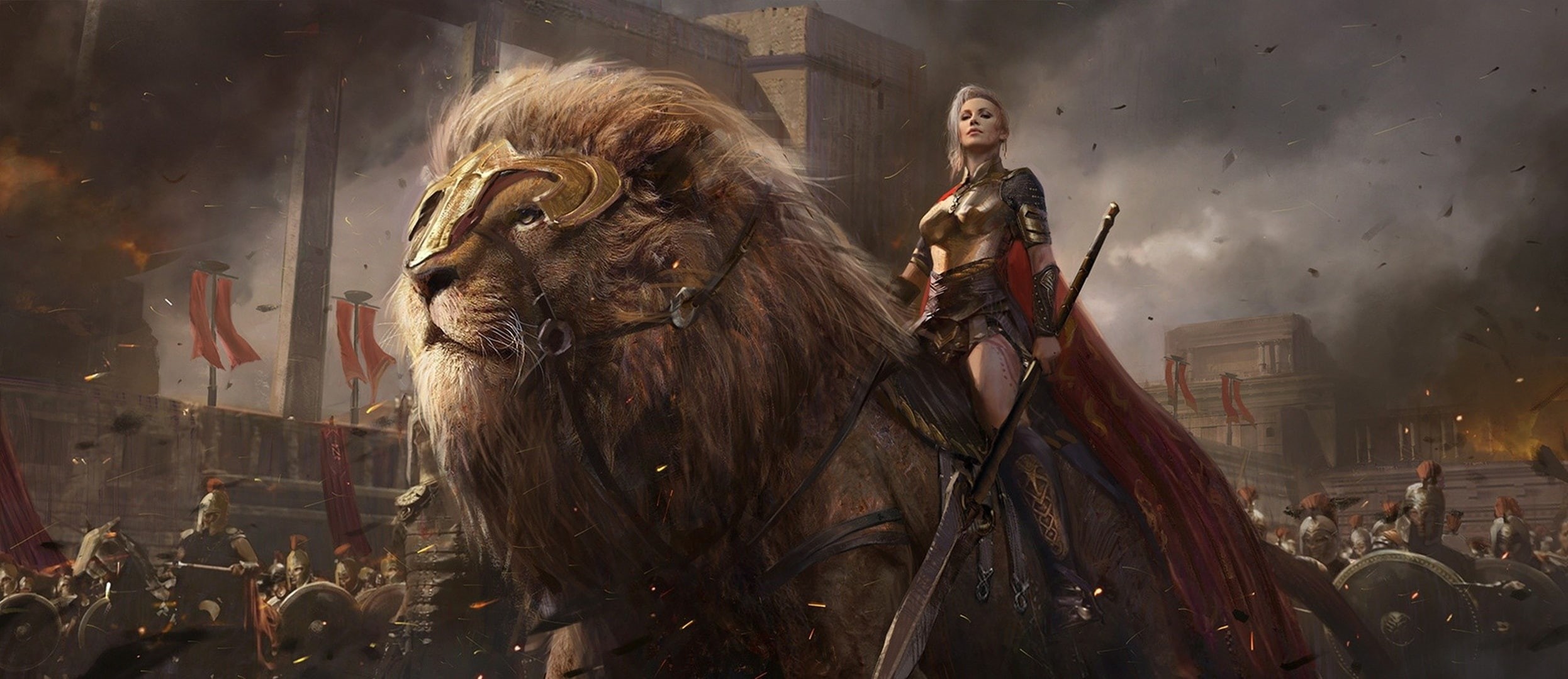 Fantasy, Lion, Girl, 1080P, Women Warrior, Warrior, Animal, Spear, Woman Warrior, HD Wallpaper