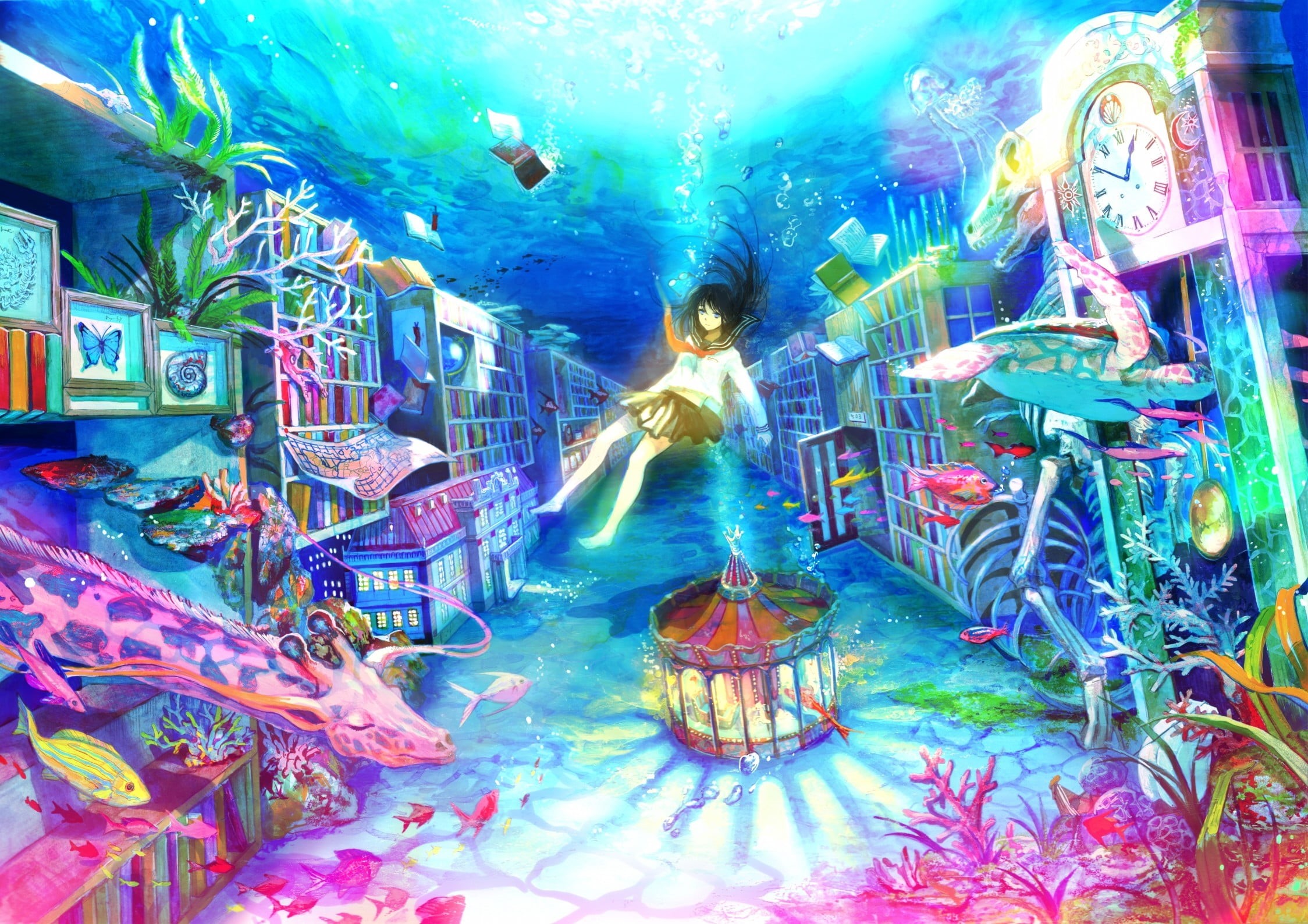 front view, turtle, Fuji Choko, art and craft, water, anime, real people, giraffes, original characters, full length, underwater, books, motion, carousel, HD Wallpaper