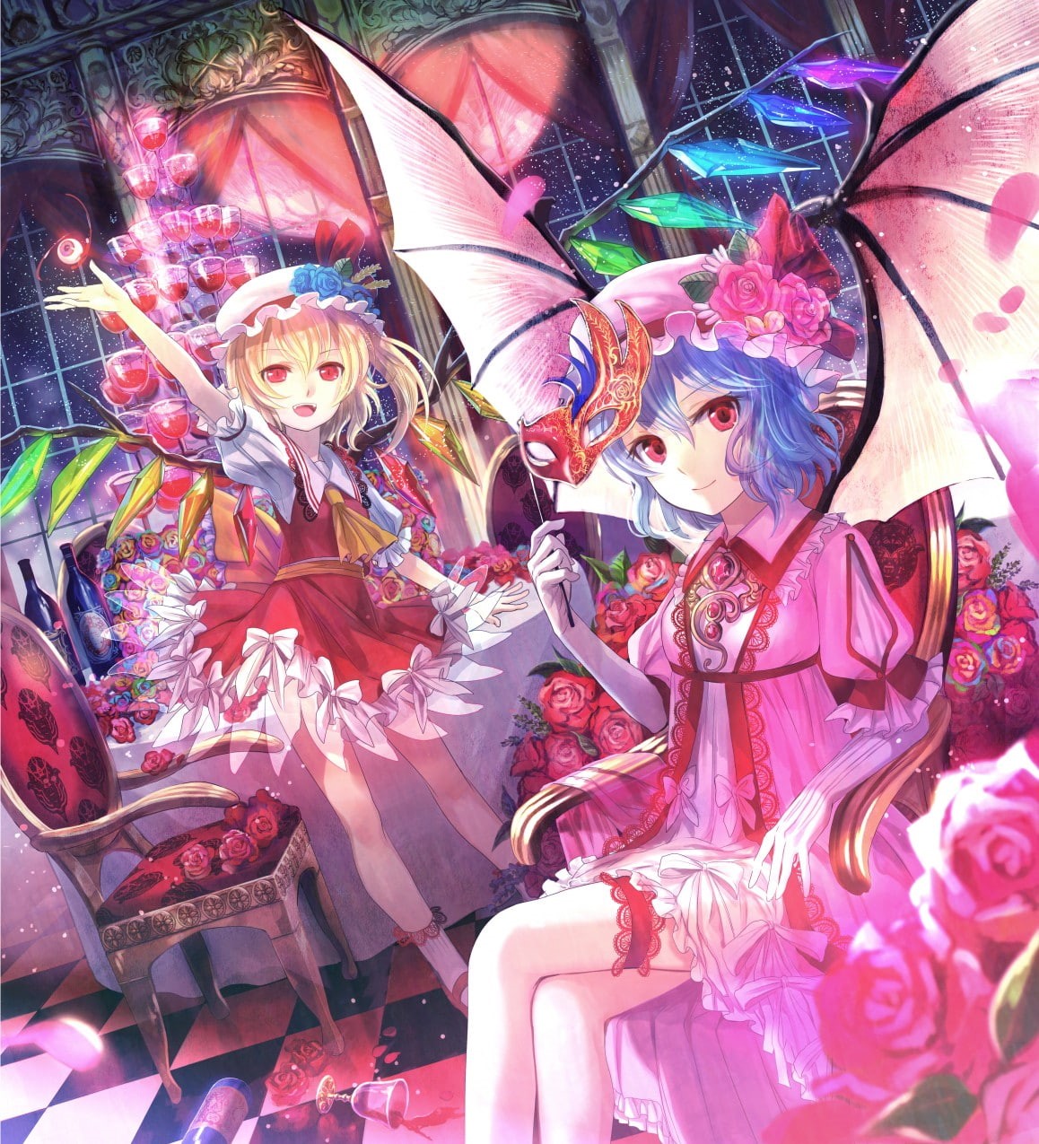blonde, Touhou, Fuji Choko, night, anime girls, gloves, blue hair, window, wings, stars, checkered, Remilia Scarlet, chair, mask, hat, jewelry, Flandre Scarlet, Phone HD Wallpaper