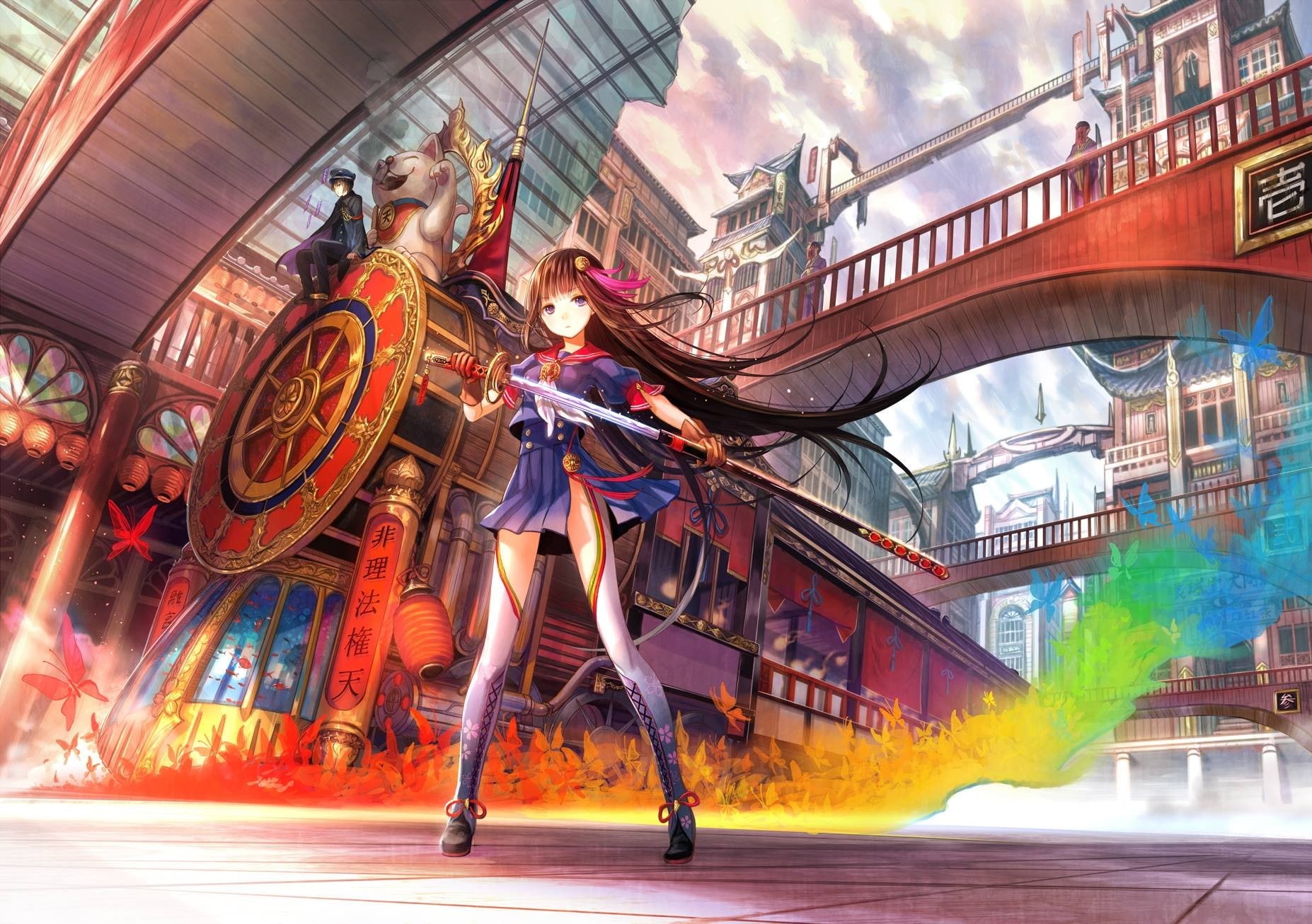 artwork, original characters, black hair, purple eyes, sword, katana, gloves, anime girls, 720P, Chinese dress, oriental, long hair, Fuji Choko, anime, HD Wallpaper
