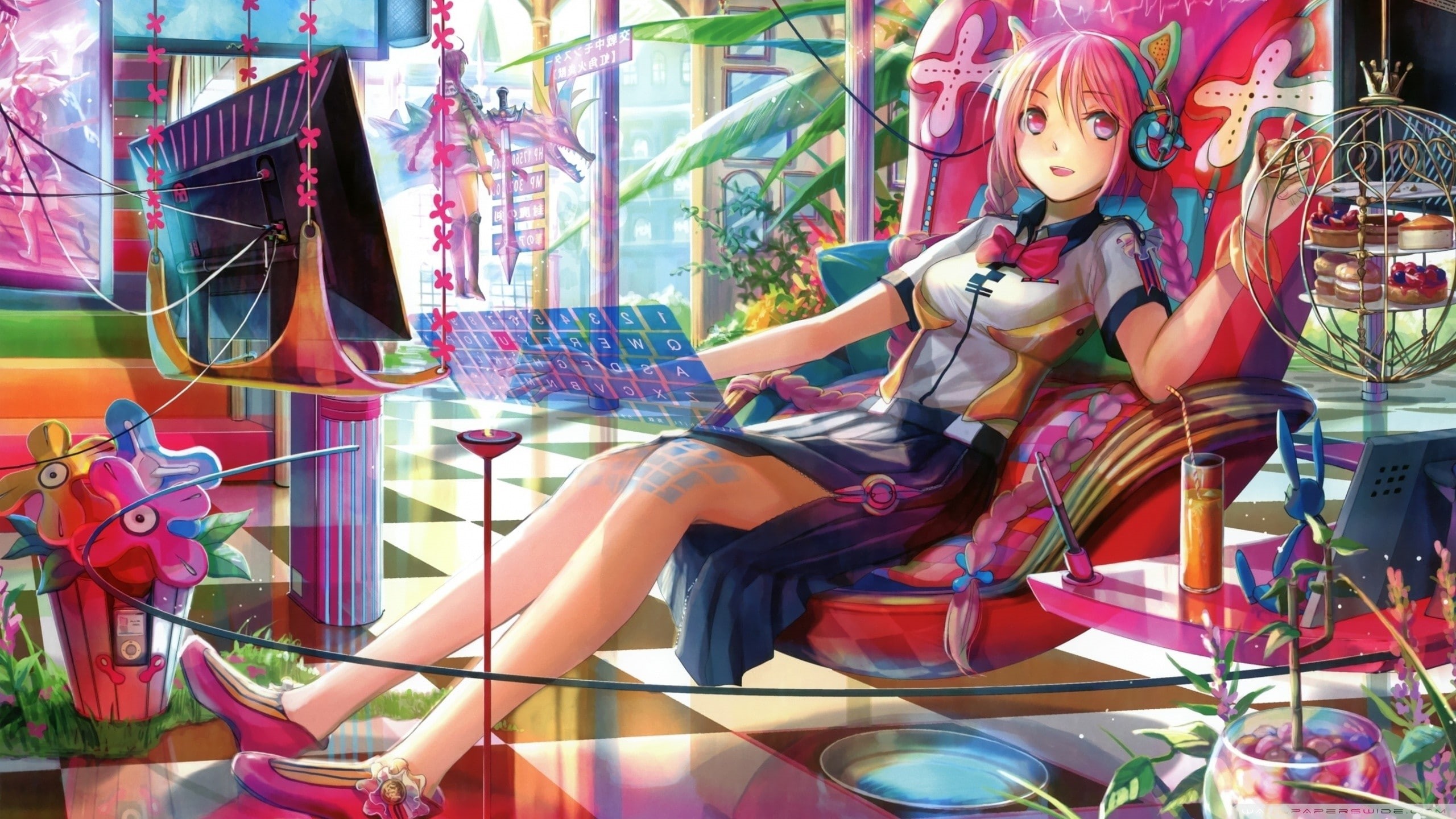headphones, chair, pink hair, technology, original characters, interfaces, anime, smiling, open mouth, long hair, food, 2K, pink eyes, Fuji Choko, nekomimi, HD Wallpaper
