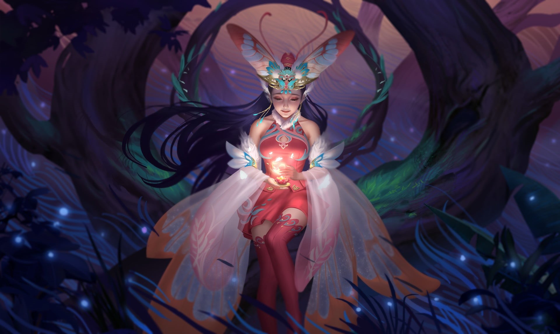 Hou China, fantasy, myth, legend, tale, 仙 Fairy Moth fairy, moth, fairy, candle, art, 1080P, night, forest, HD Wallpaper