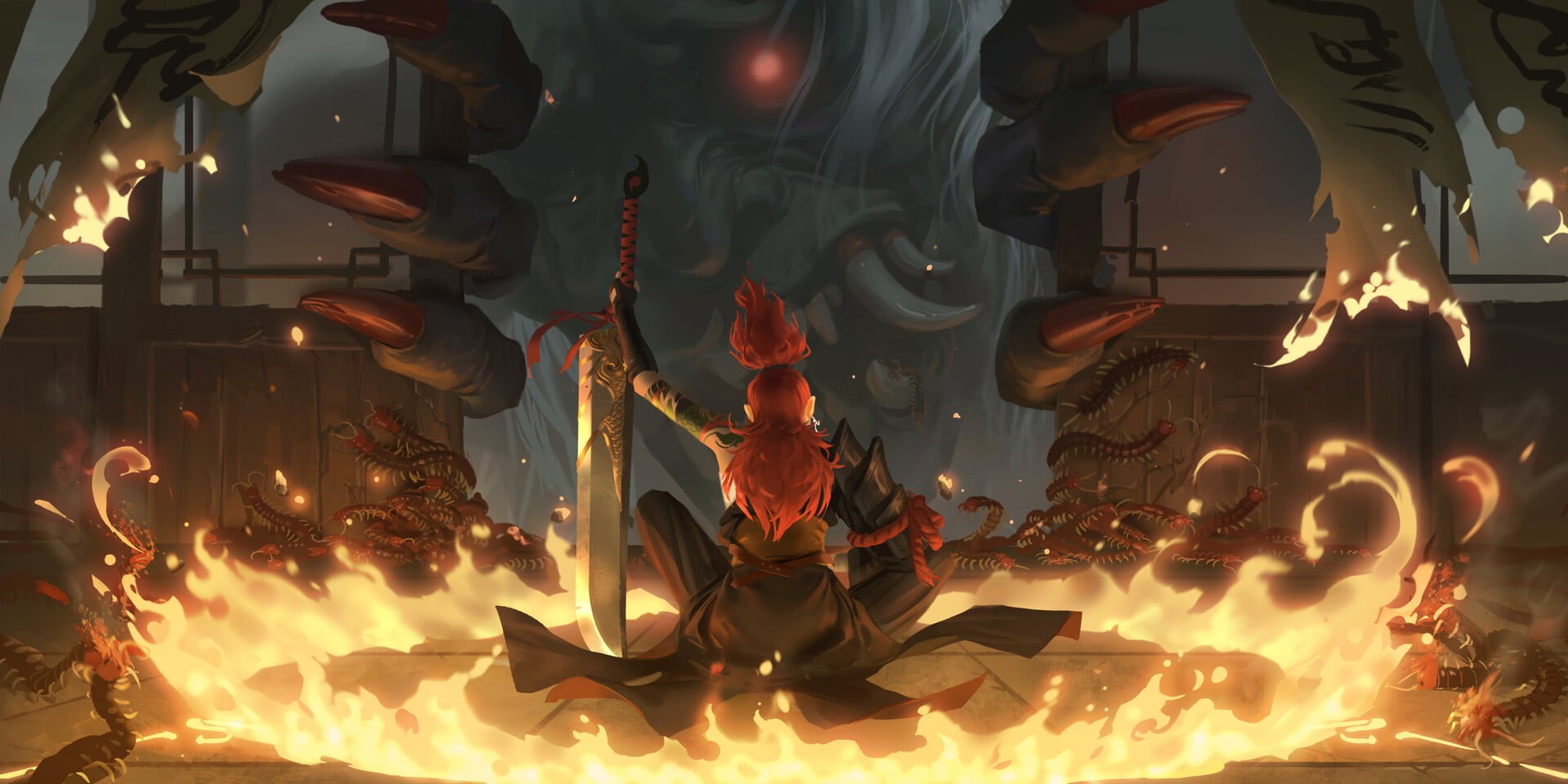fire, drawing, fantasy art, warrior, weapon, hou china, redhead, centipede, creature, 1080P, HD Wallpaper