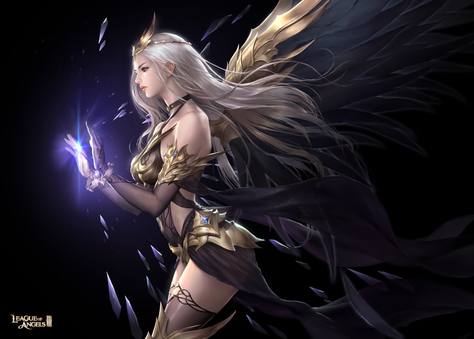 long hair, looking away, blonde, dark, profile, tiaras, League of Angels, magician, dress, spell, drawing, 1080P, Bluezima, women, wings, HD Wallpaper