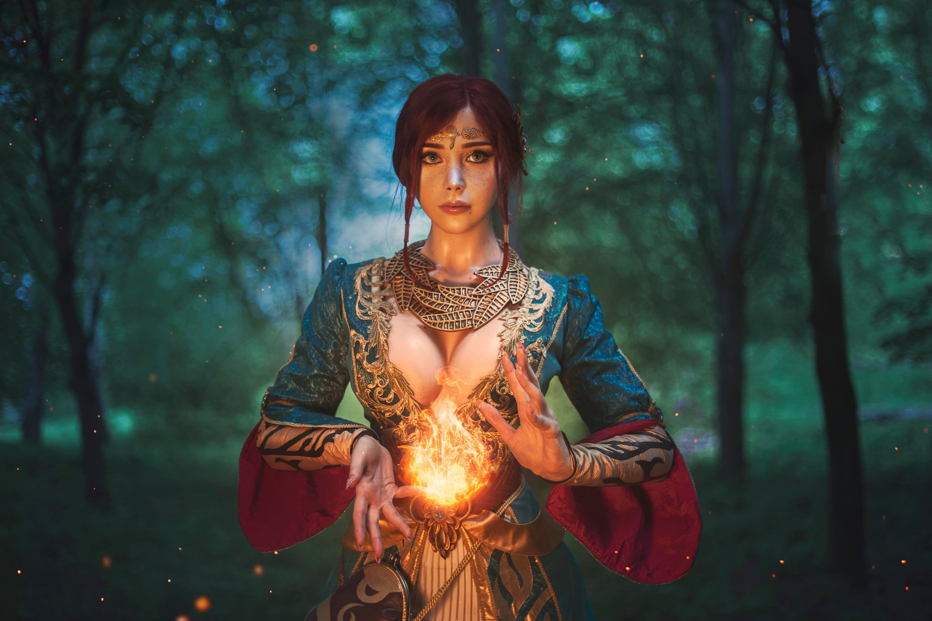 2K, video games, The Witcher, dress, model, women outdoors, forest, tiaras, Sayathefox, redhead, looking at viewer, cleavage, cosplay, video game girls, HD Wallpaper