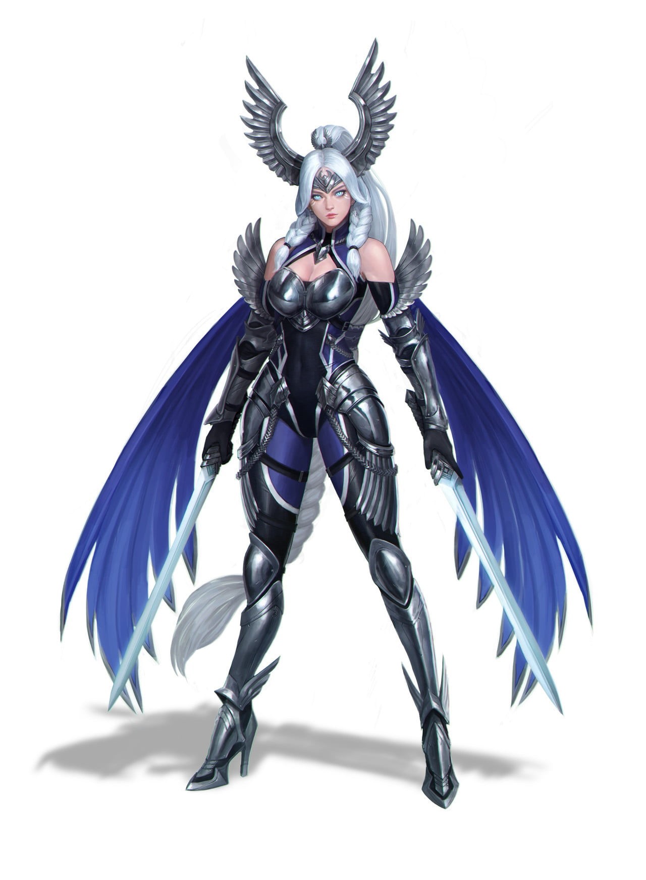 tiaras, sword, Hyungseok Yang, 720P, warrior, weapon, white, women, blades, high heels, armor, silver hair, wings, blue eyes, drawing, braids, Phone HD Wallpaper