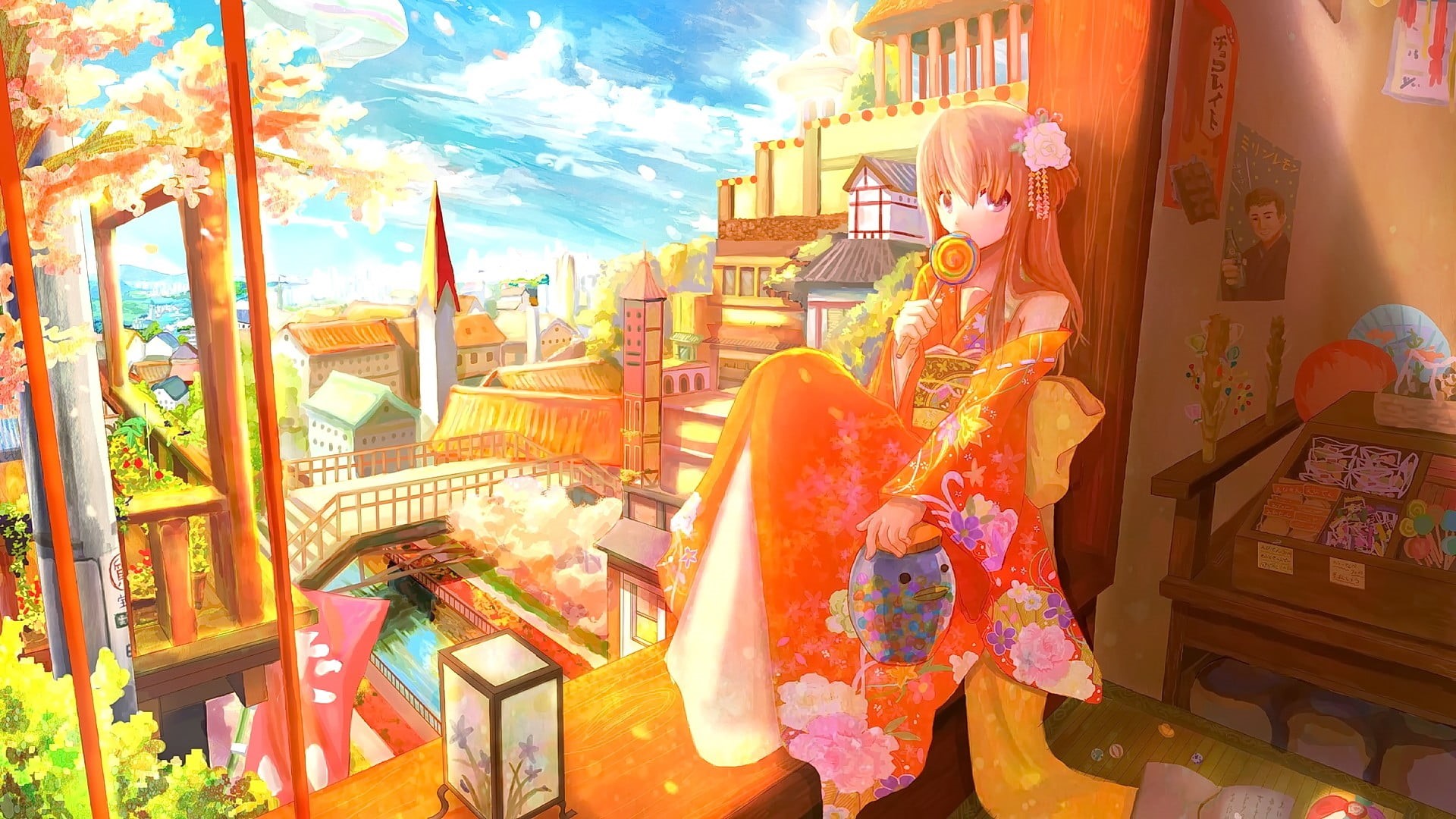 creativity, nature, sunlight, spirituality, redhead, anime girls, sky, human representation, day, architecture, kimono, long hair, original characters, HD Wallpaper