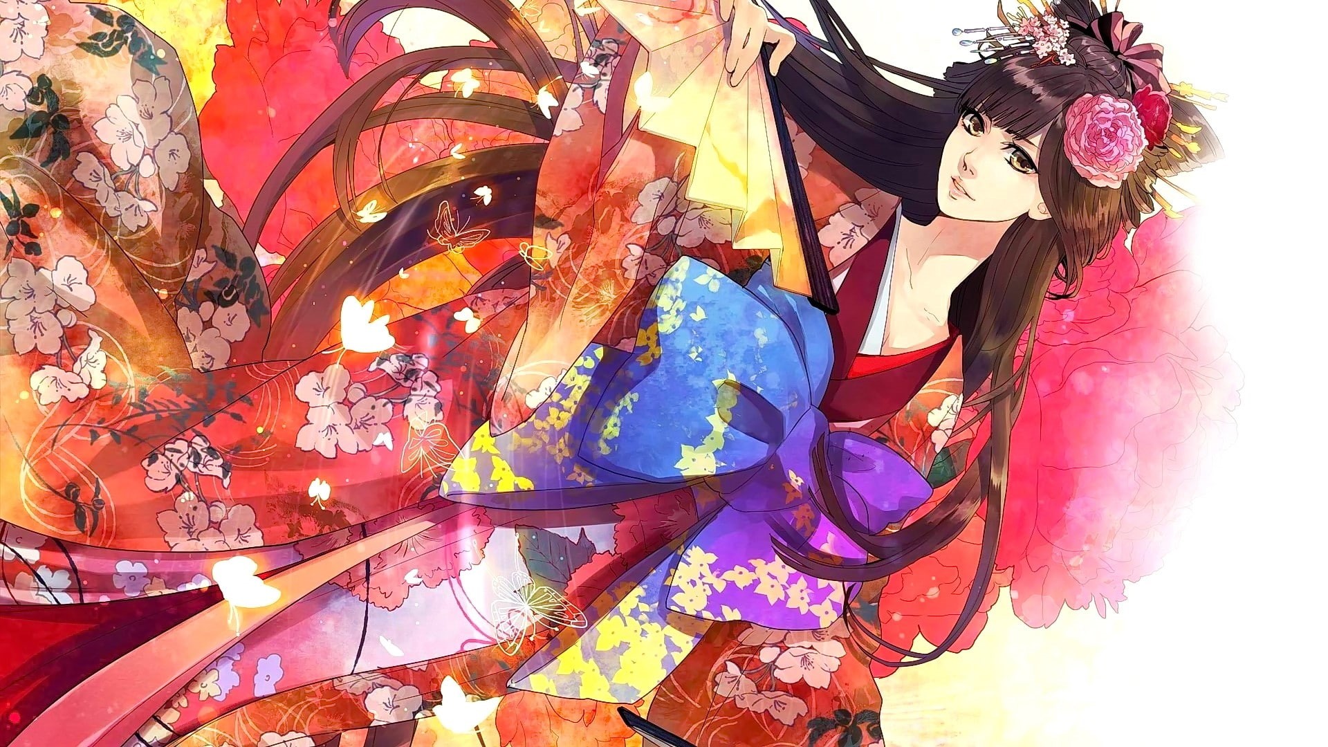 multi colored, human representation, pattern, costume, 1080P, day, indoors, carnival - celebration event, mask, festival, women, anime girls, looking at viewer, HD Wallpaper