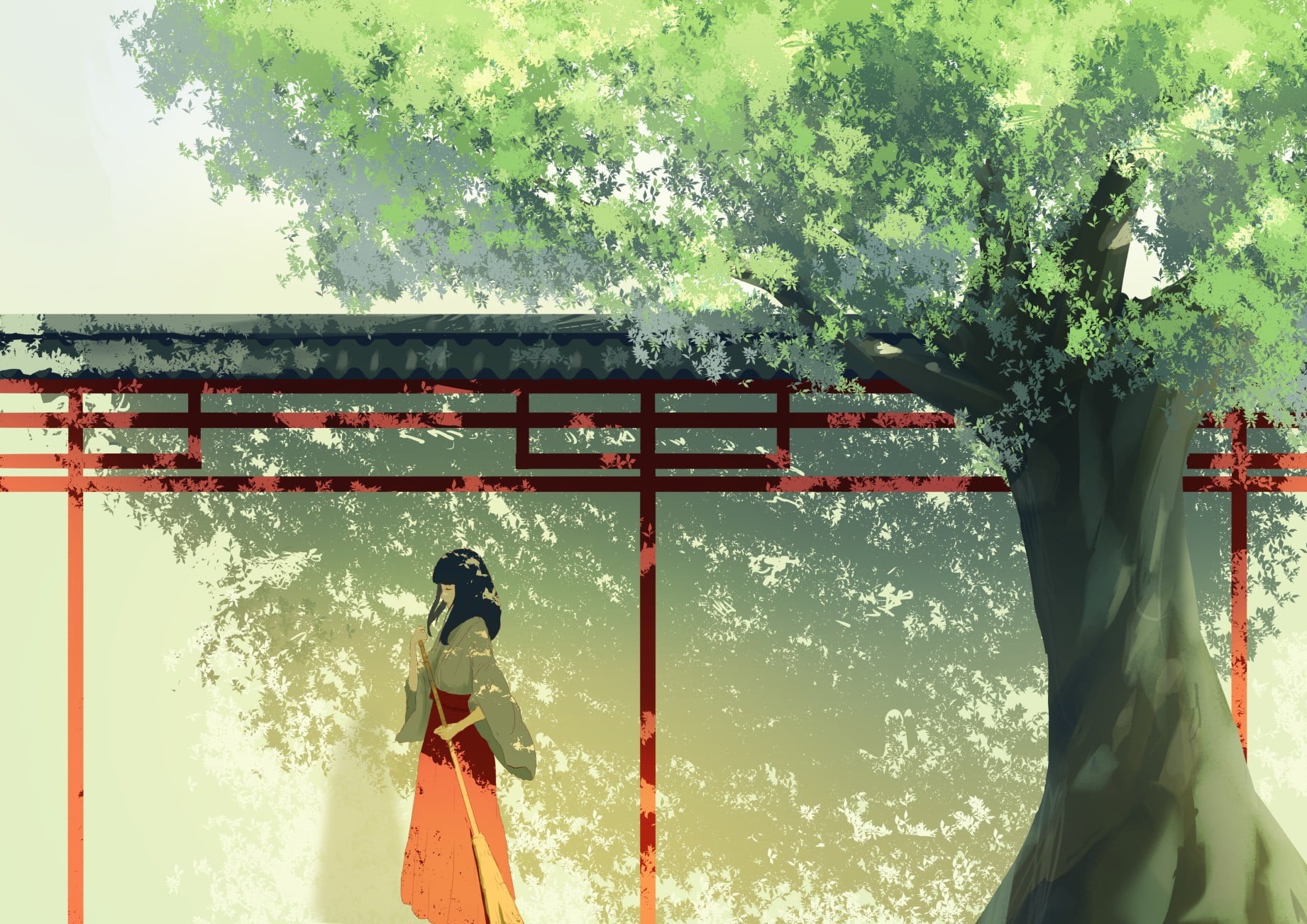 cleaning, sunlight, real people, Japanese clothes, anime girls, anime, tree, outdoors, sky, trees, plant, 720P, people, built structure, nature, artwork, HD Wallpaper