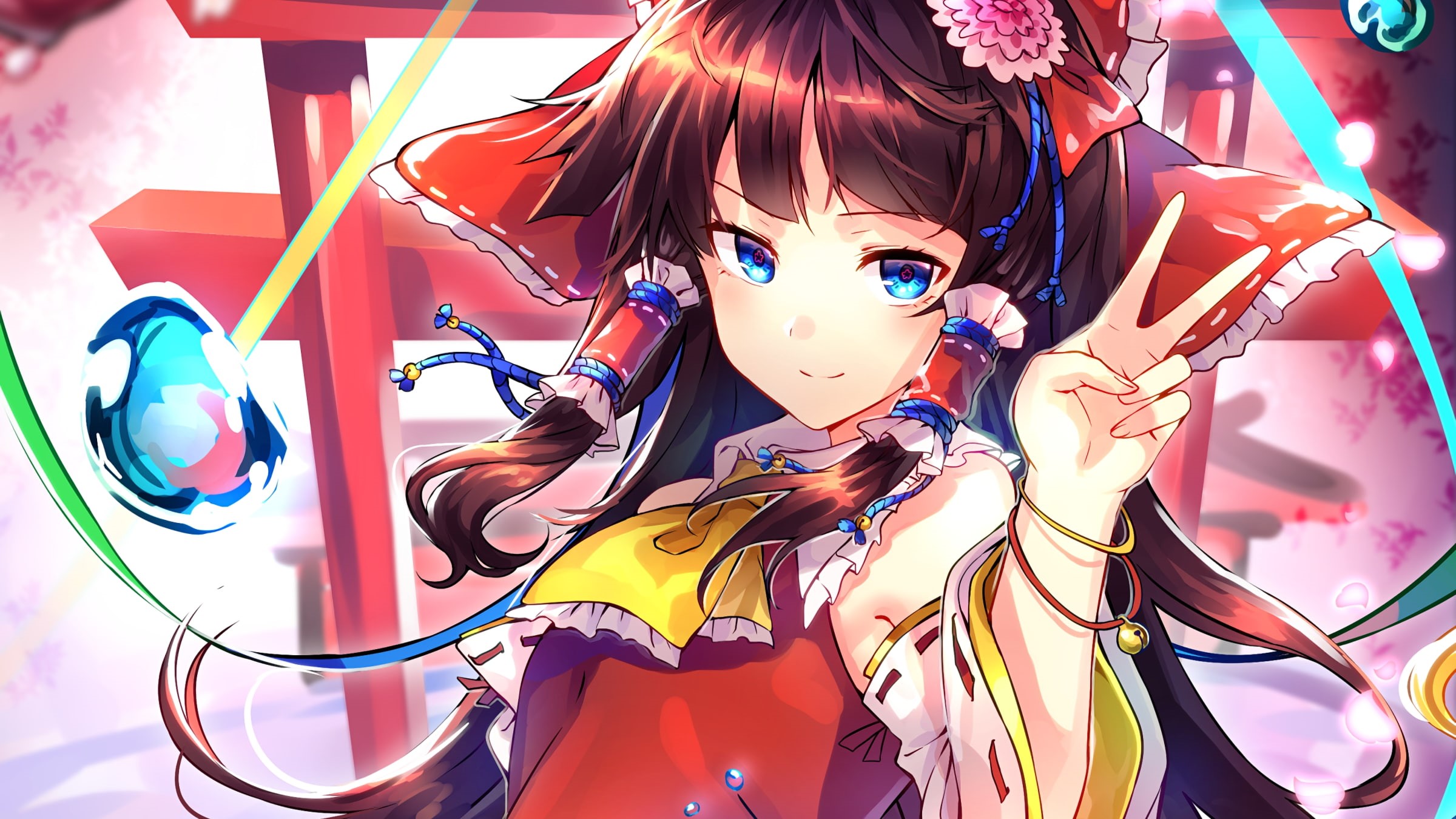 blue eyes, miko, Hakurei Reimu, Touhou, 1080P, red ribbon, HD Wallpaper