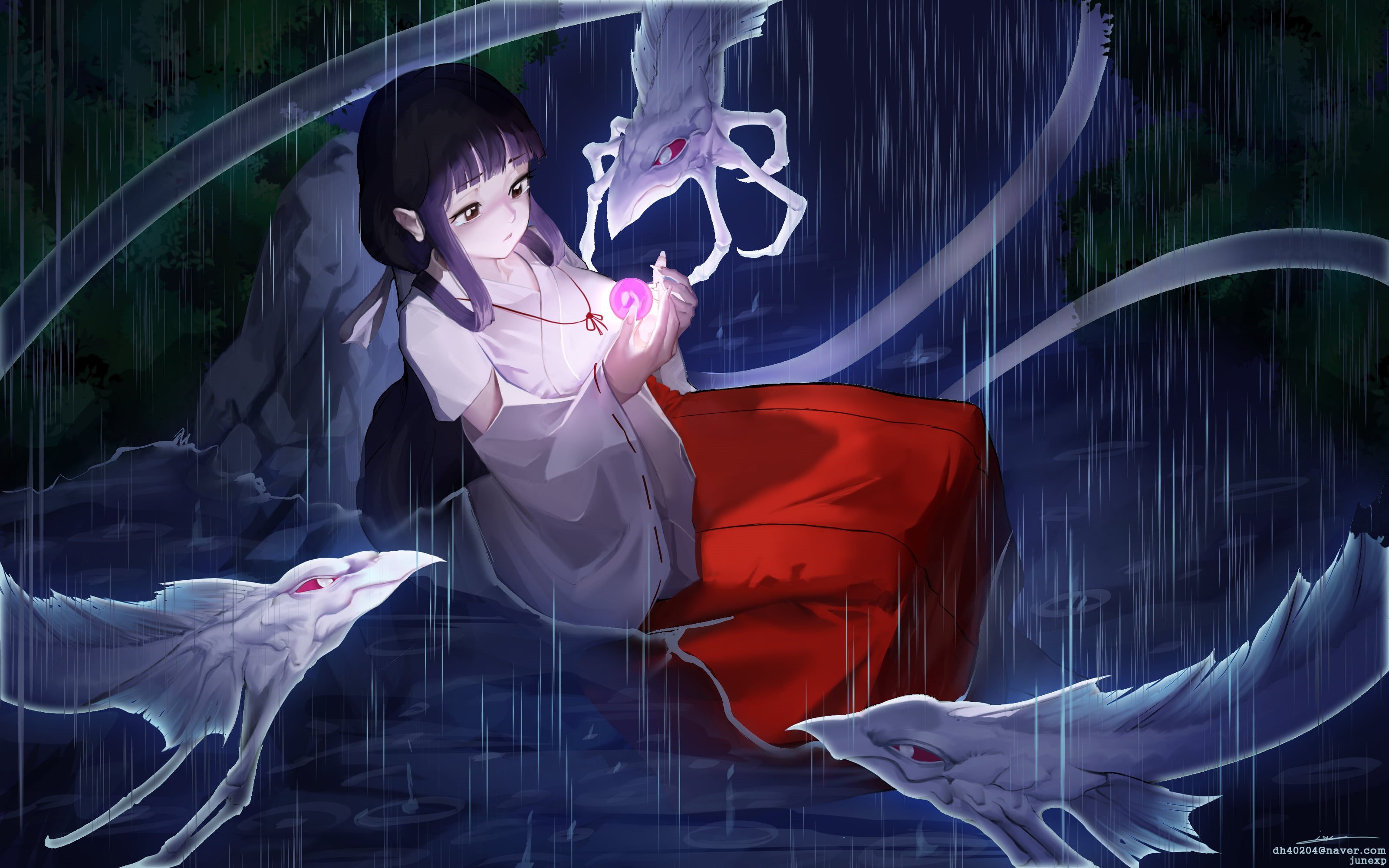 black hair, river, artwork, anime, long hair, creature, environment, rain, miko, 2D, fantasy girl, women, anime girls, magic, Kikyo, drawing, Inuyasha, HD Wallpaper