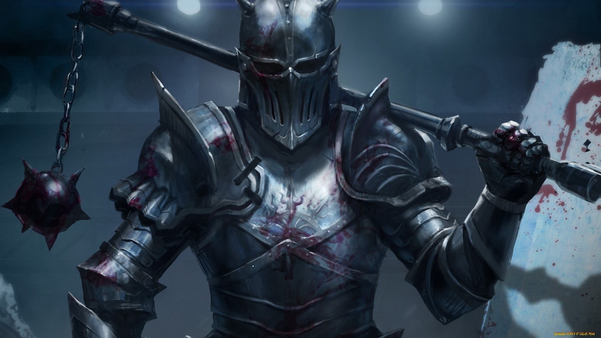  standing, indoors, people, armor, blood, front view, waist up, knight, night, illuminated, warrior, security, smoke - physical structure, disguise, HD Wallpaper