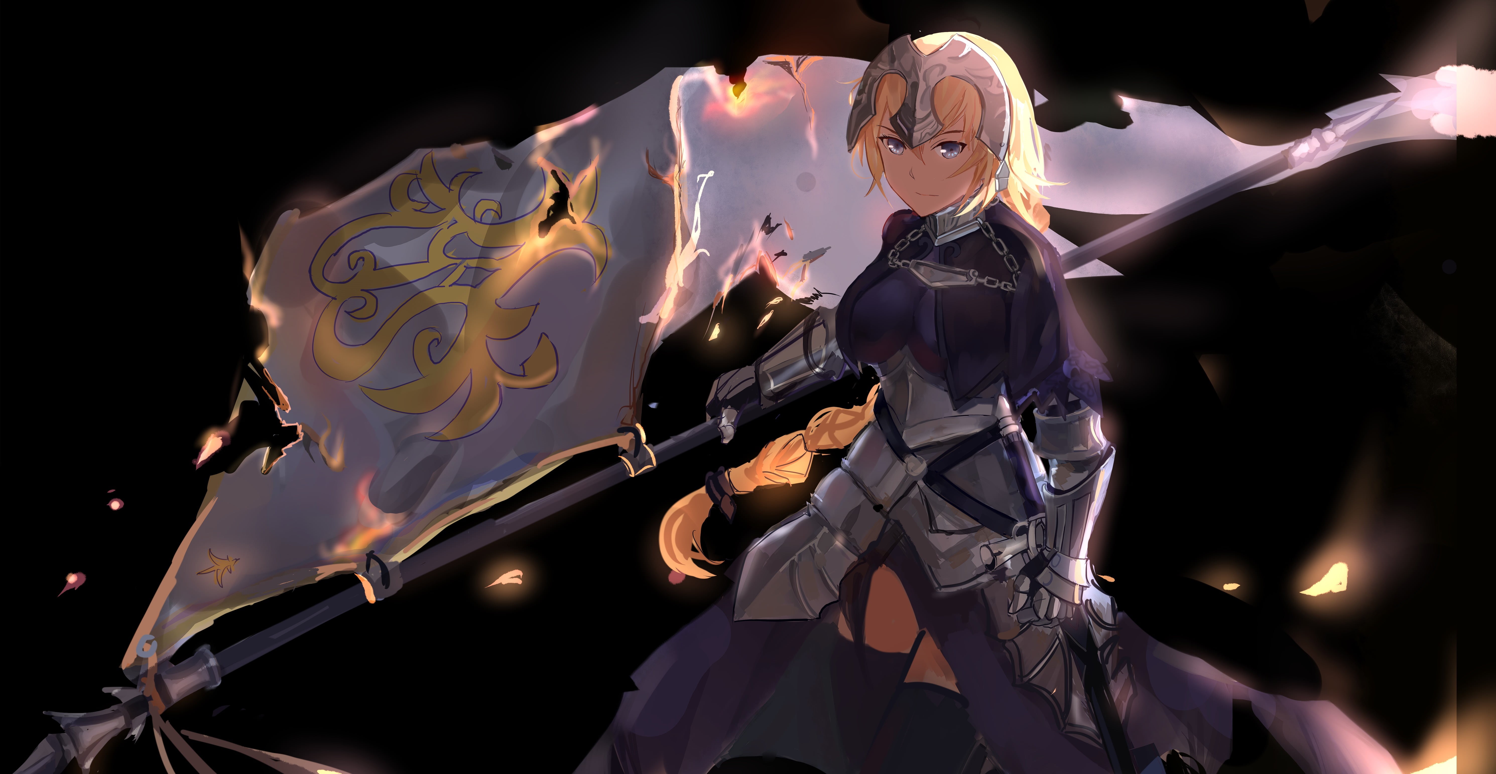 representation, glowing, blonde, armor, Fate Series, thigh-highs, Jeanne dArc, music, event, sword, batman, adult, fire, night, blue eyes, two, Ruler (Fate/Grand Order), HD Wallpaper