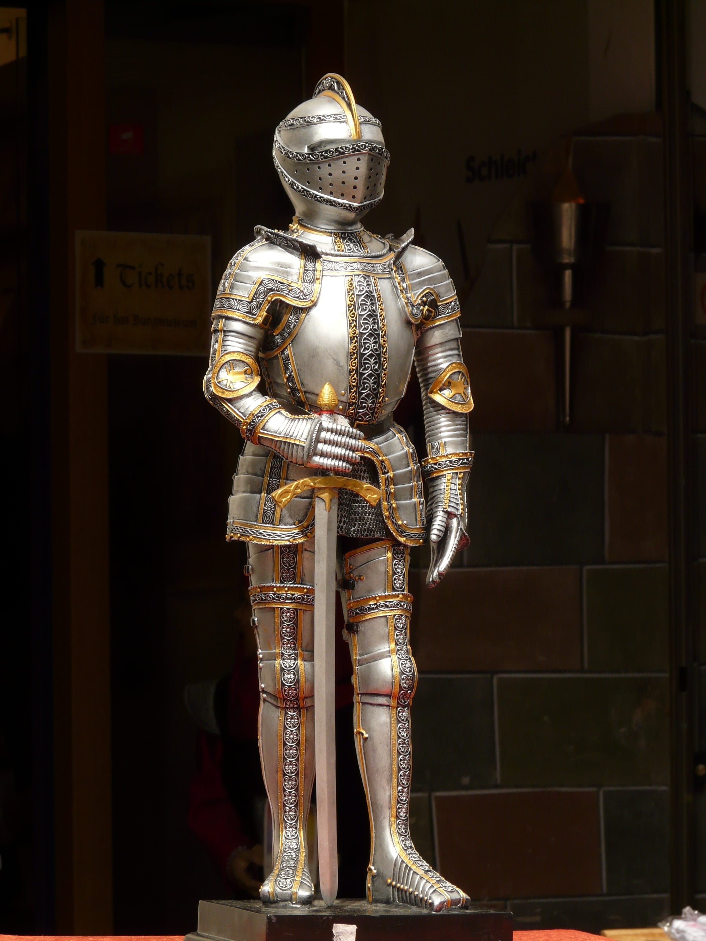 armor, black background, place of worship, warrior, no people, gold colored, holding, indoors, spirituality, silver knight, gold, battle, history, male likeness, Phone HD Wallpaper