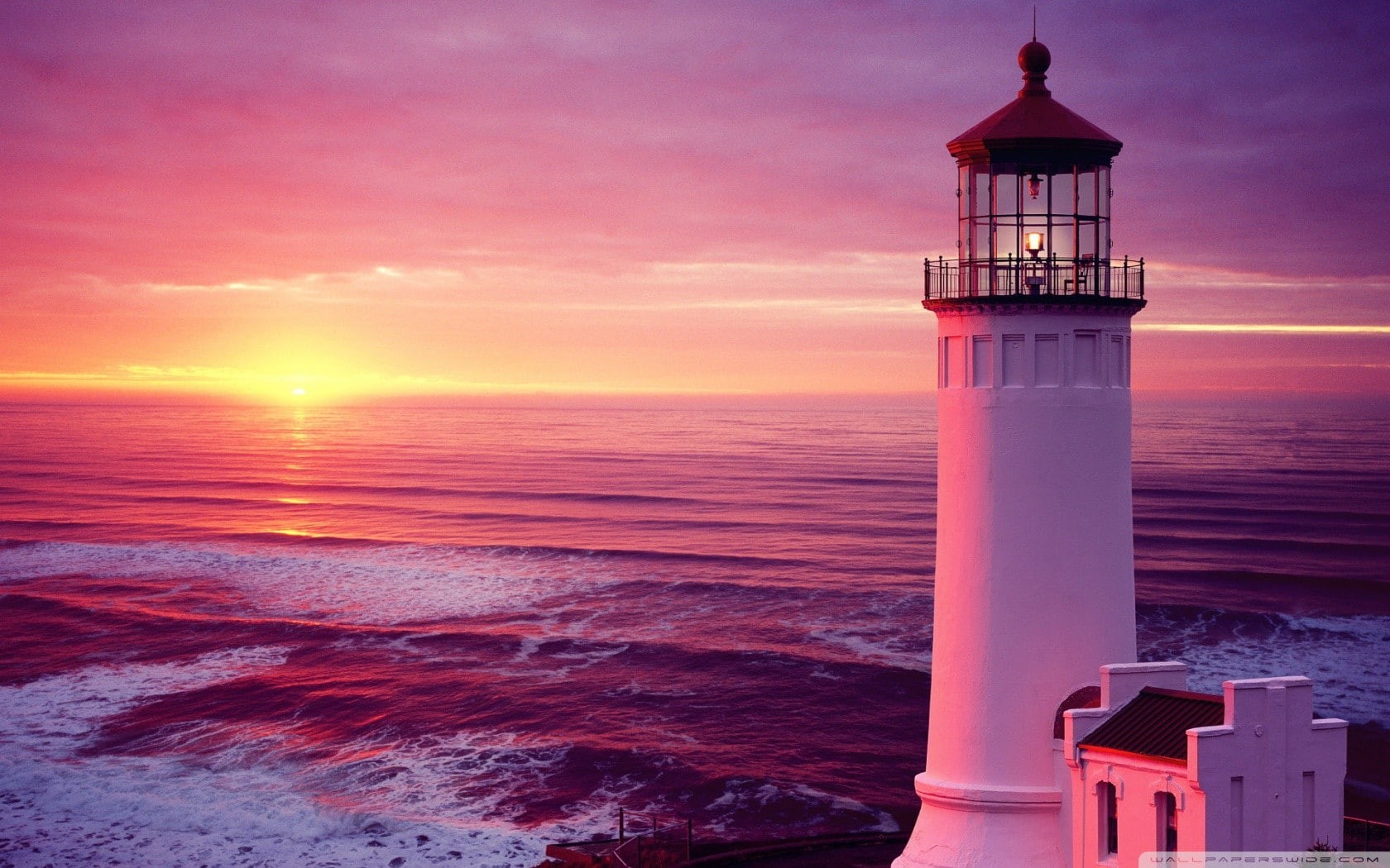 architecture, waves, sea, horizon, sunset, tower, building, pink, 720P, coast, lighthouse, purple, Sun, HD Wallpaper