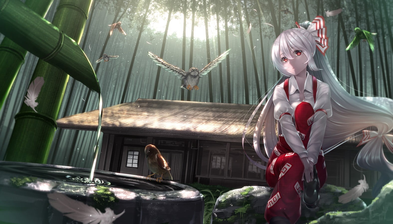statue, Fujiwara no Mokou, female likeness, sculpture, anime girls, one person, 720P, plant, red, human representation, women, day, representation, Touhou, HD Wallpaper