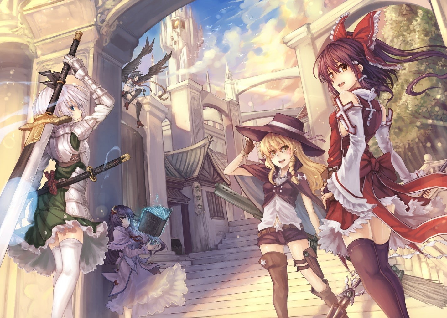 spirituality, no people, low angle view, sword, Hakurei Reimu, anime girls, religion, representation, hat, building exterior, festival, weapon, fantasy art, HD Wallpaper