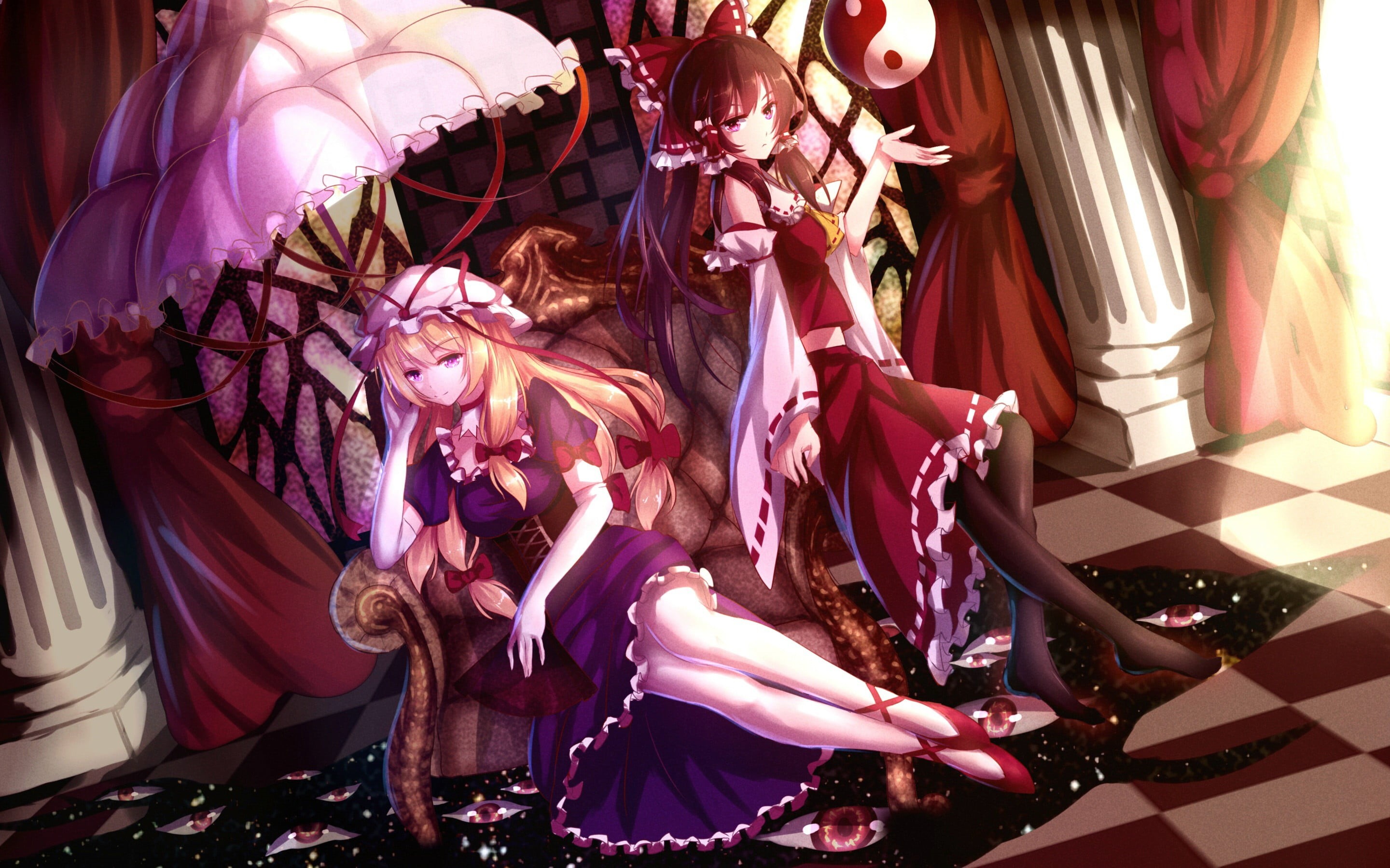 multi colored, close-up, day, eyes, decoration, sculpture, purple, thigh-highs, creativity, ribbon, no people, Yakumo Yukari, Hakurei Reimu, human representation, HD Wallpaper
