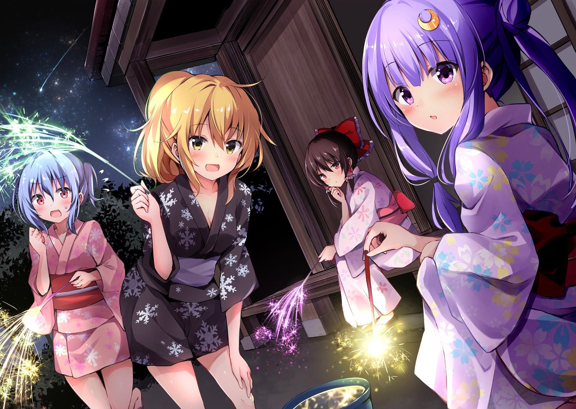 females, celebration, enjoyment, looking at camera, Remilia Scarlet, costume, Touhou, Anime, Reimu Hakurei, 1080P, girls, lifestyles, women, fun, Patchouli Knowledge, HD Wallpaper