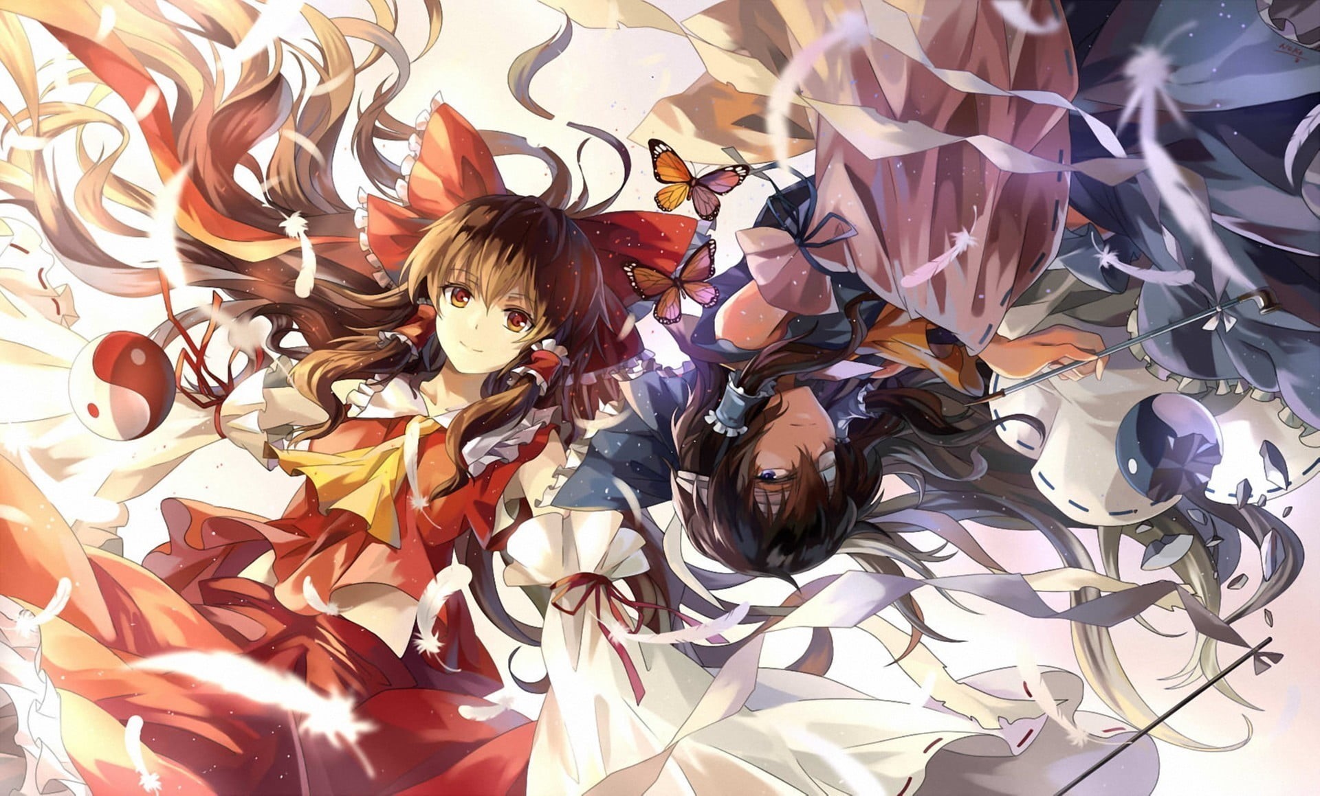 young adult, women, high angle view, togetherness, lifestyles, headshot, anime, representation, front view, hairstyle, art and craft, day, Hakurei Reimu, HD Wallpaper