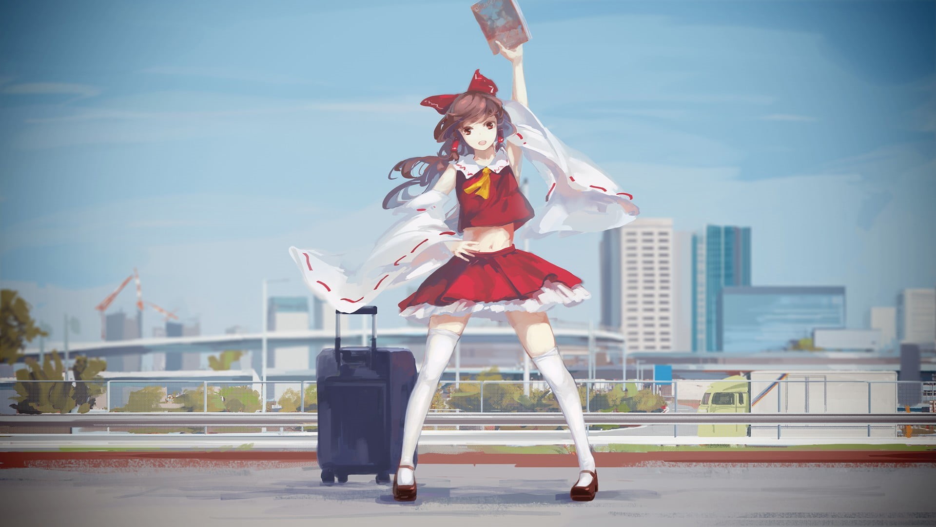 day, lifestyles, thigh-highs, sunlight, dress, full length, white, sky, wearing, railing, real people, women, Hakurei Reimu, cloud - sky, outdoors, HD Wallpaper