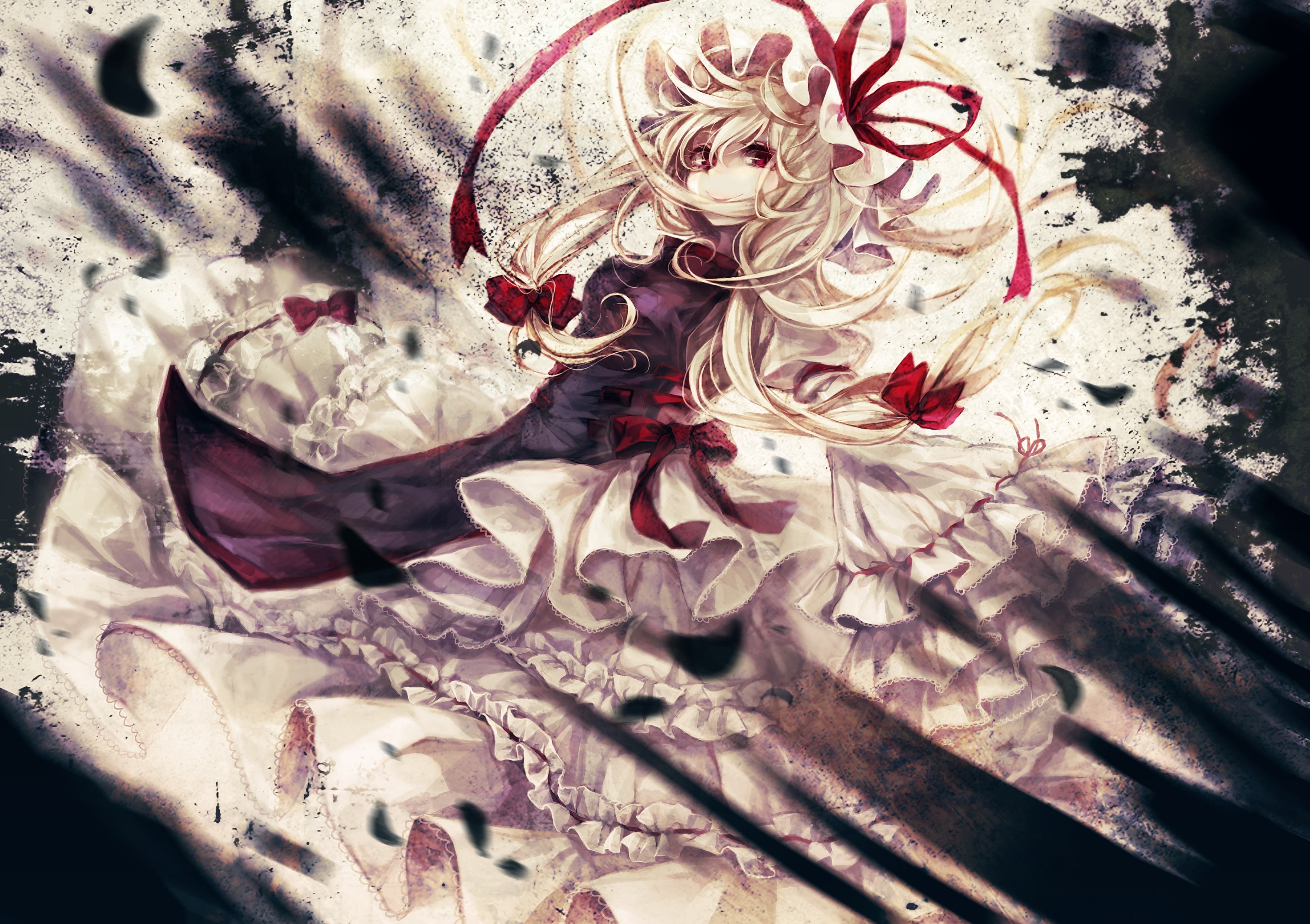 furniture, 2K, petal, bed, white color, clothing, floral pattern, flowering plant, black, Yakumo Yukari, textile, dress, flower, pattern, Touhou, plant, HD Wallpaper