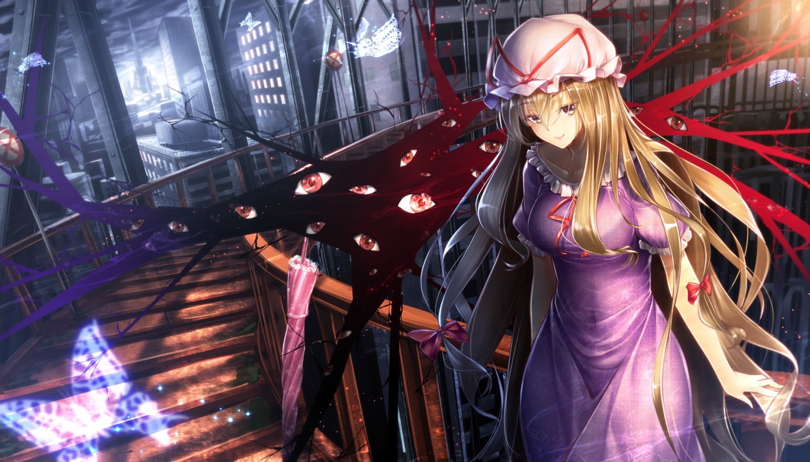indoors, metal, beautiful woman, young adult, Touhou, young women, anime girls, casual clothing, architecture, anime, 720P, three quarter length, women, HD Wallpaper