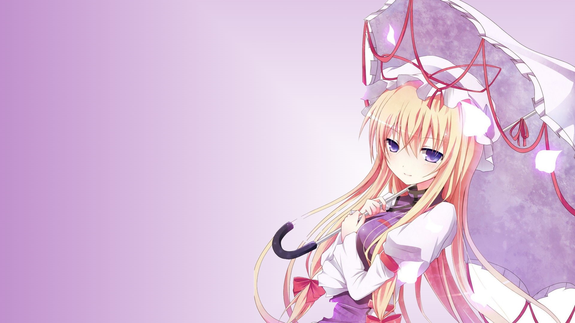 copy space, portrait, hairstyle, hair, colored background, pink color, Touhou, one person, studio shot, purple, headshot, indoors, blond hair, human representation, HD Wallpaper