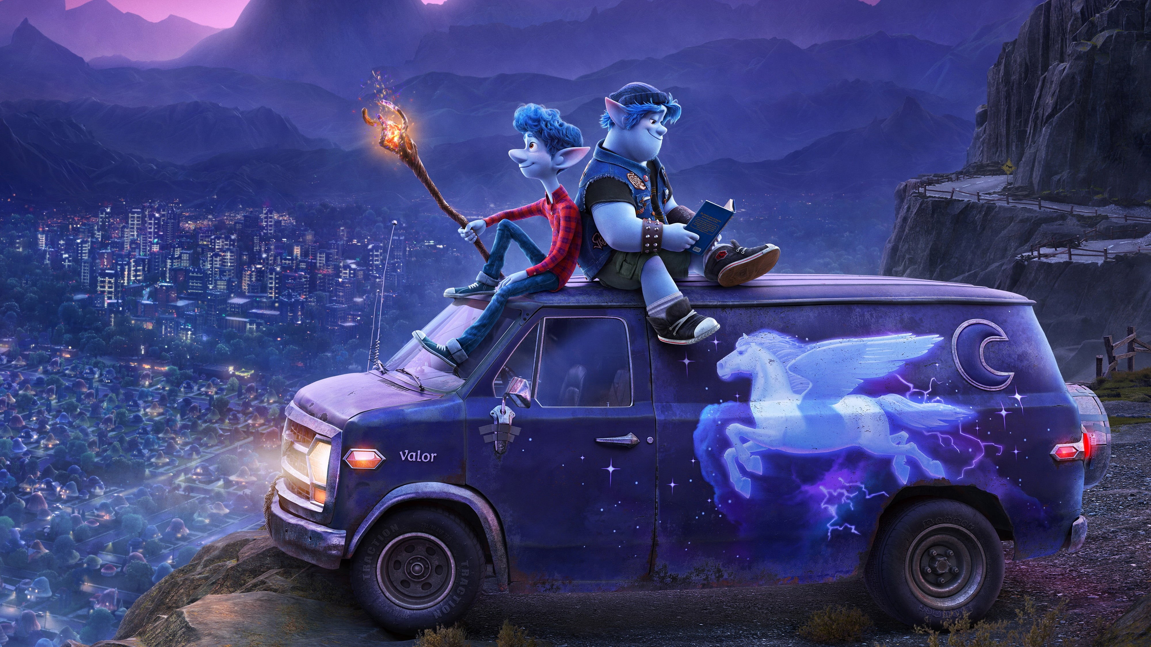 landscape, Forward, the evening, Onward, 4K, mountains, machine, torch, cartoon, lights, HD Wallpaper