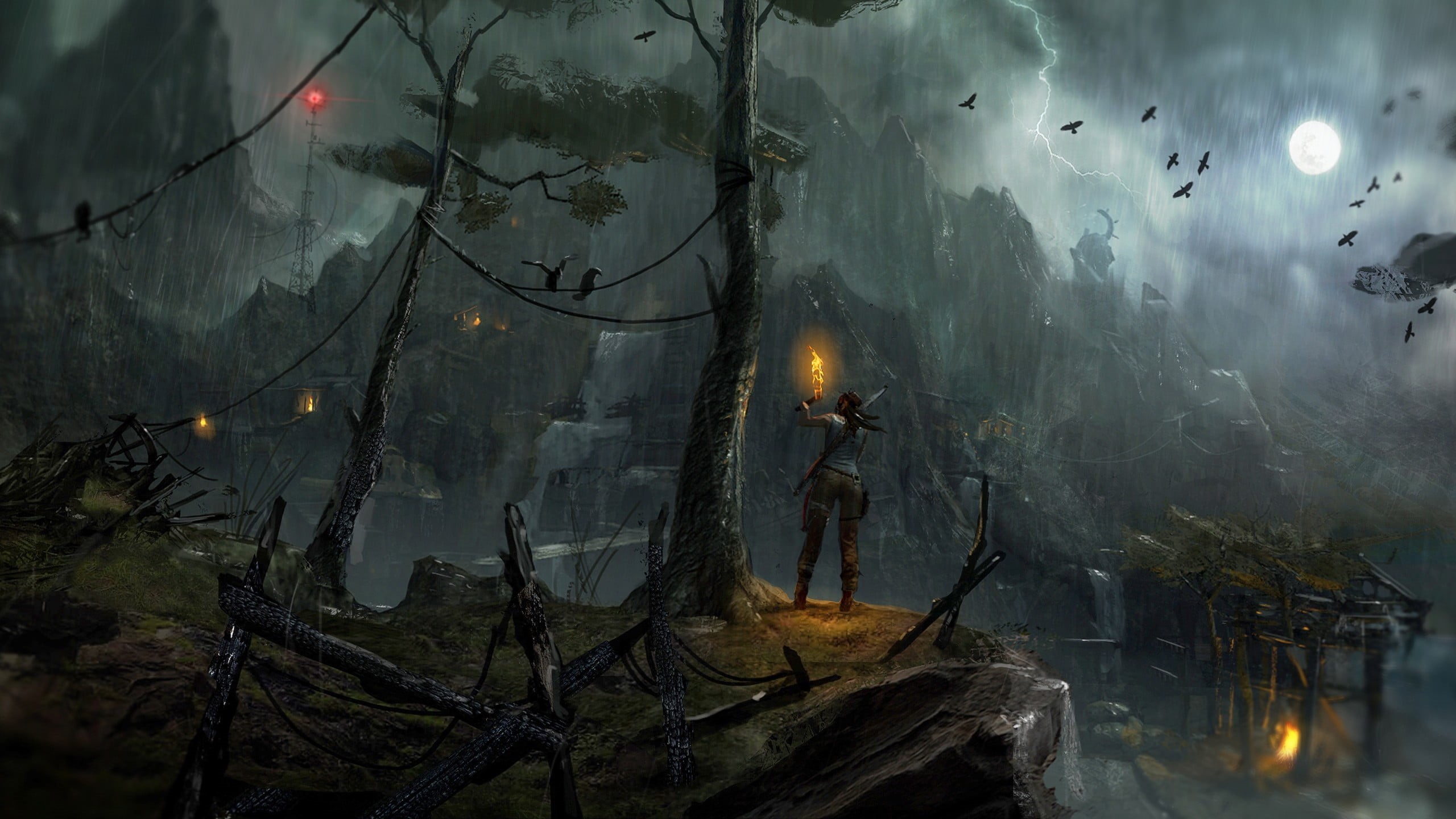 rain, lighting equipment, night, transparent, Tomb Raider, large group of animals, outdoors, reflection, holding, video games, animal themes, plant, lake, HD Wallpaper