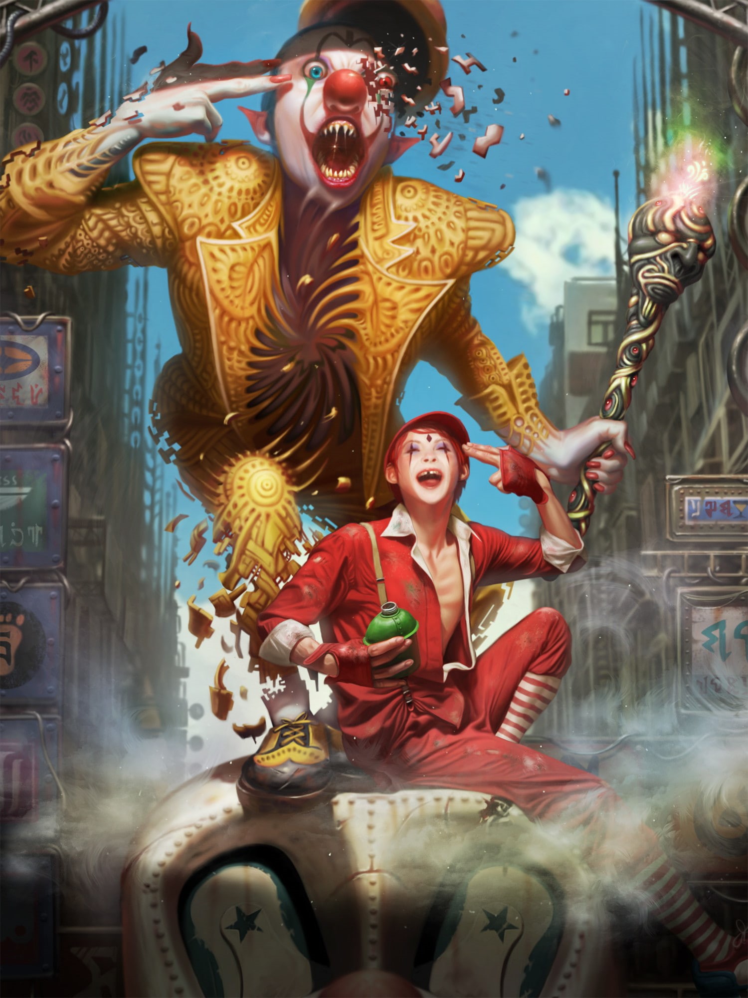 suite, machine, torches, 1080P, men, clown, KyuYong Eom, concept art, Phone HD Wallpaper
