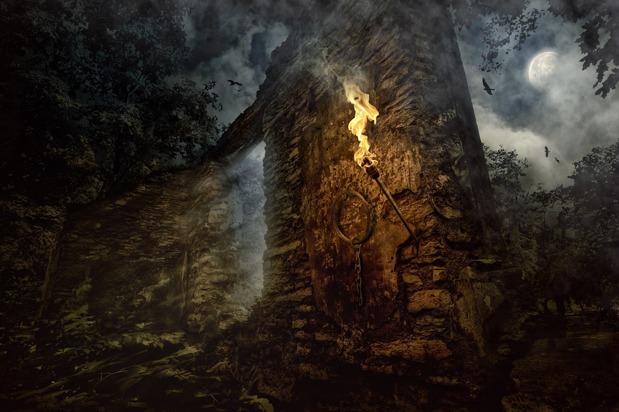 dark fantasy, 500px, 1080P, dark, torches, ruin, Andrey Mikhaylov, HD Wallpaper