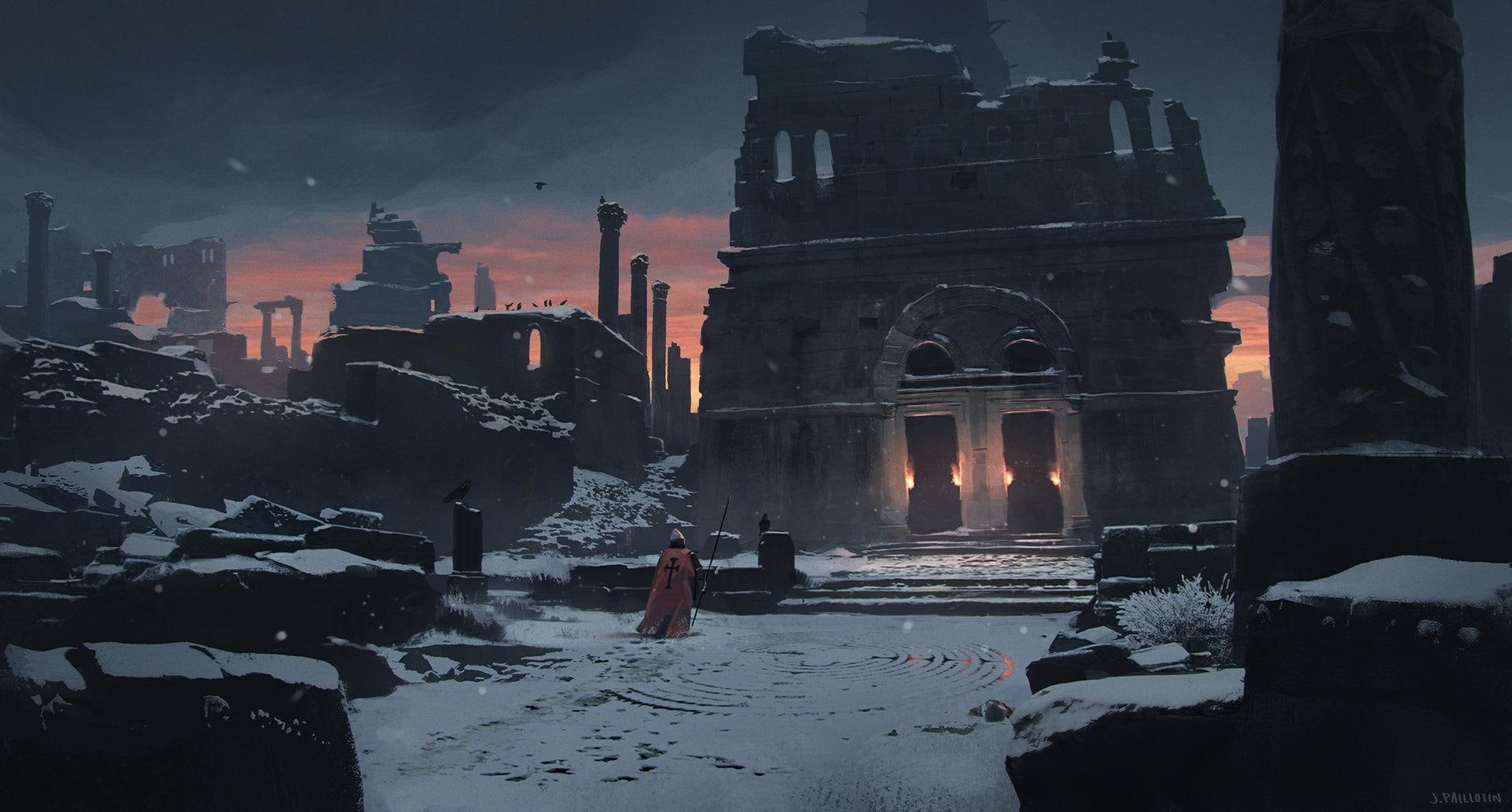 spear, soldier, 1080P, ruins, building, sunset, torches, snow, HD Wallpaper