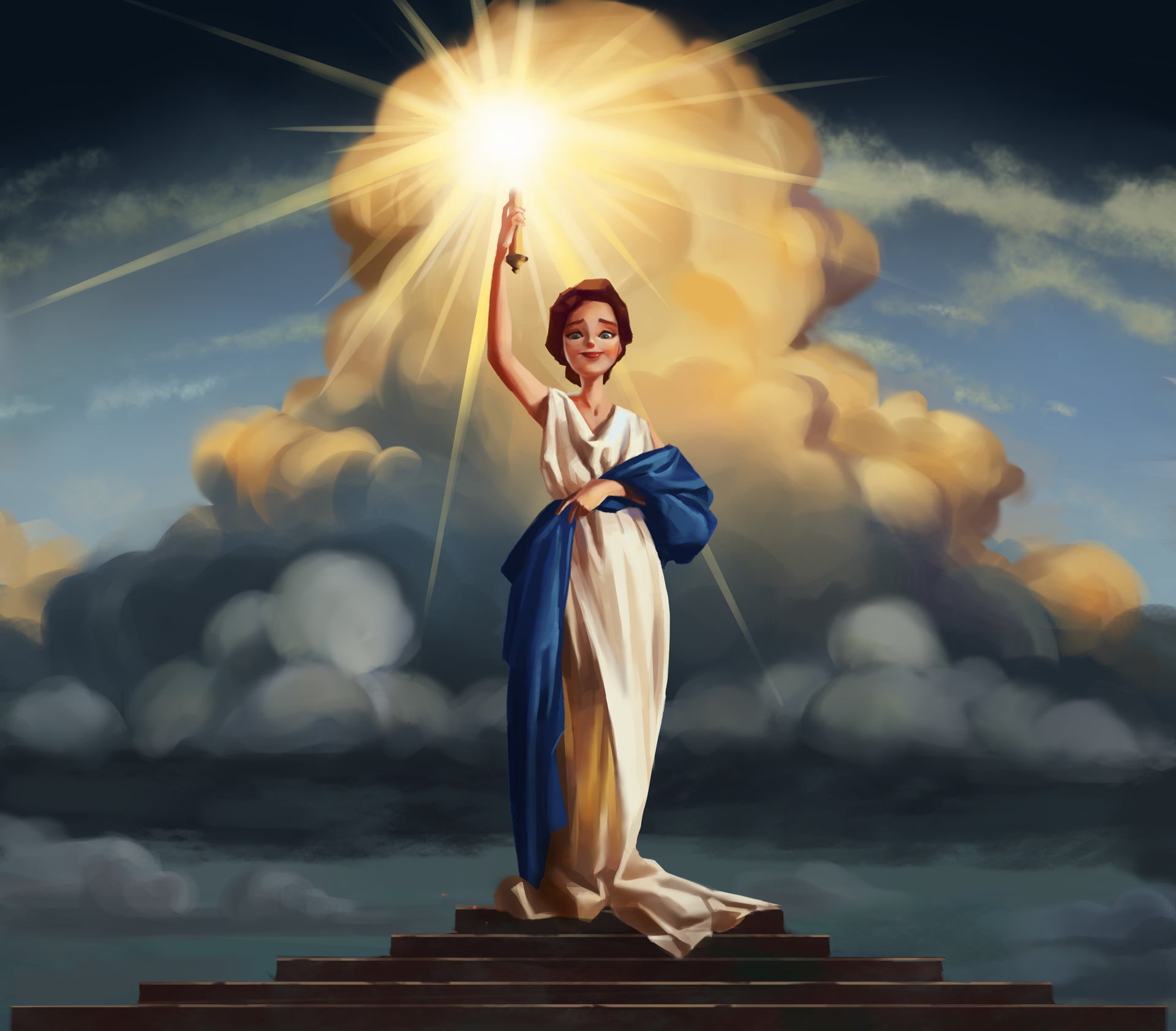 stairs, adult, young adult, arms raised, one person, smiling, nature, dress, 1080P, cloud - sky, digital art, young women, clothing, sky, clouds, lifestyles, HD Wallpaper