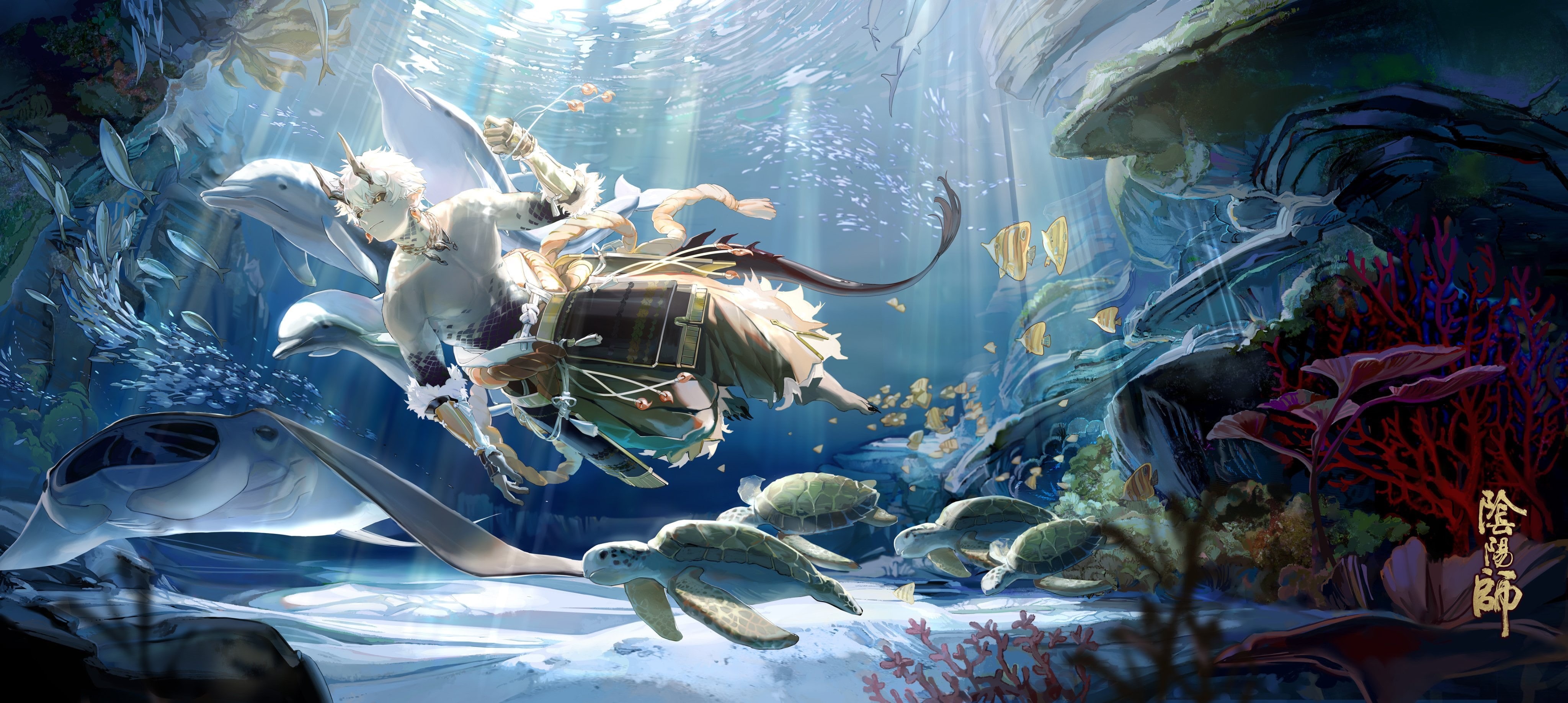 TamoTaro, video game art, water, fantasy warrior, 4K, Onmyoji, HD Wallpaper