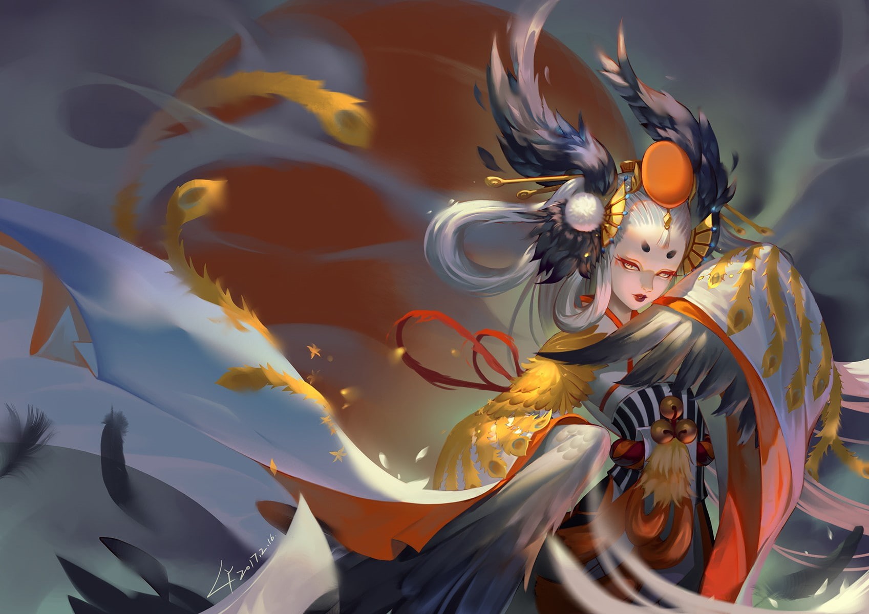 long hair, wings, digital art, gray eyes, gray hair, feathers, Onmyoji, 720P, bell, HD Wallpaper